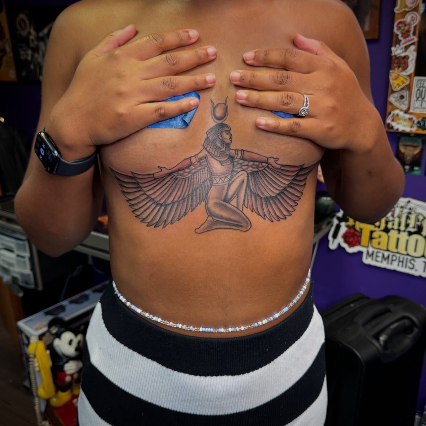 Winged goddess black and grey tattoo on the chest by Christian Goines, Memphis, Tennessee