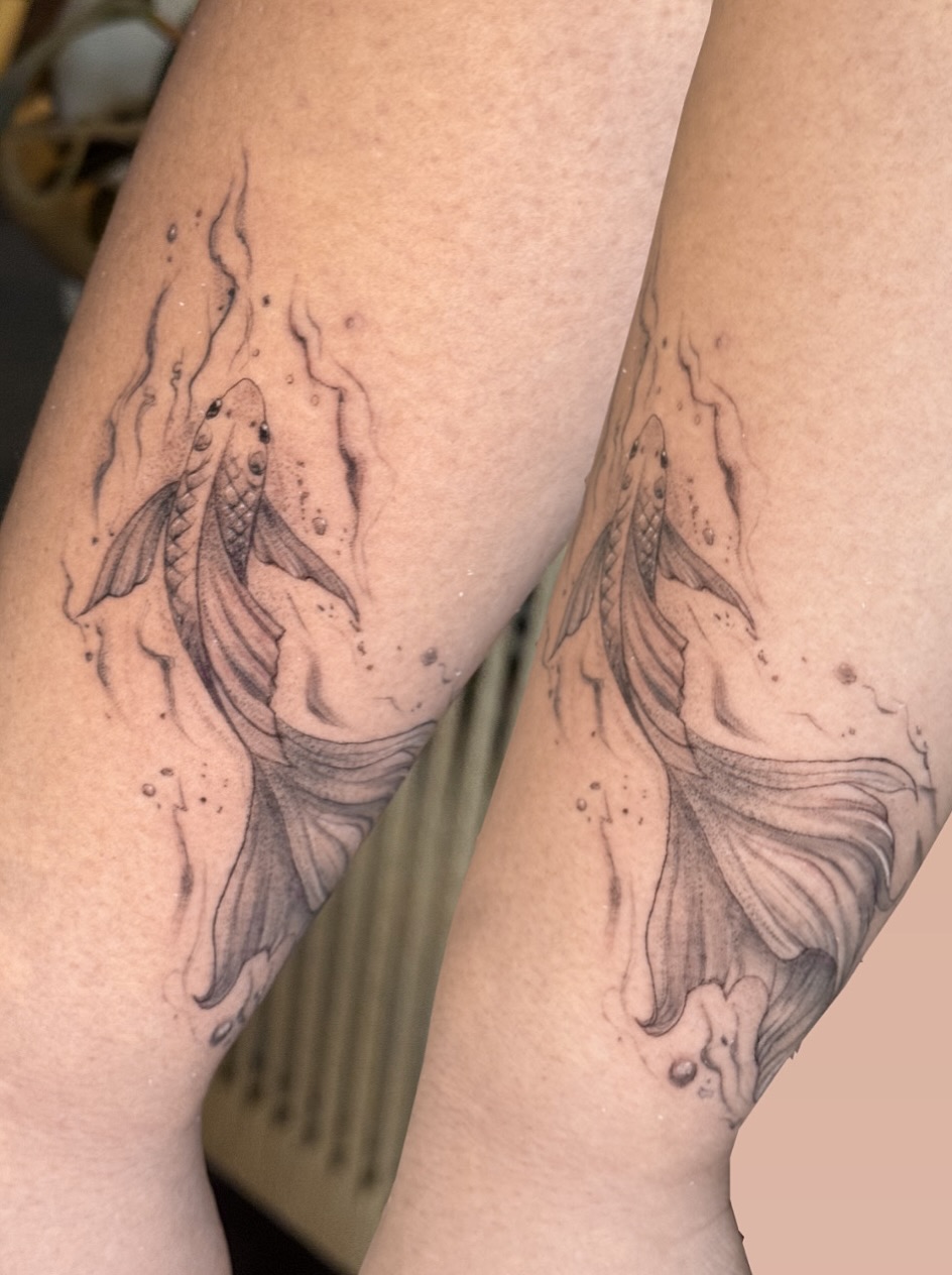 Koi fish black and grey tattoo on the forearm by fine line tattoo artist▪️Austin TX