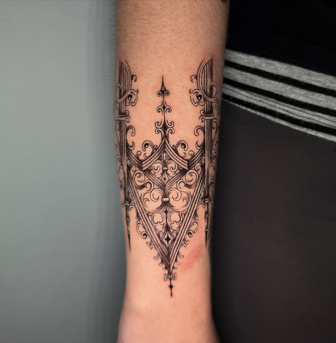 Ornamental gate ornamental tattoo on the forearm by 𝖎𝖘𝖆 ✶ 𝖉𝖋𝖜 𝖙𝖆𝖙𝖙𝖔𝖔𝖘