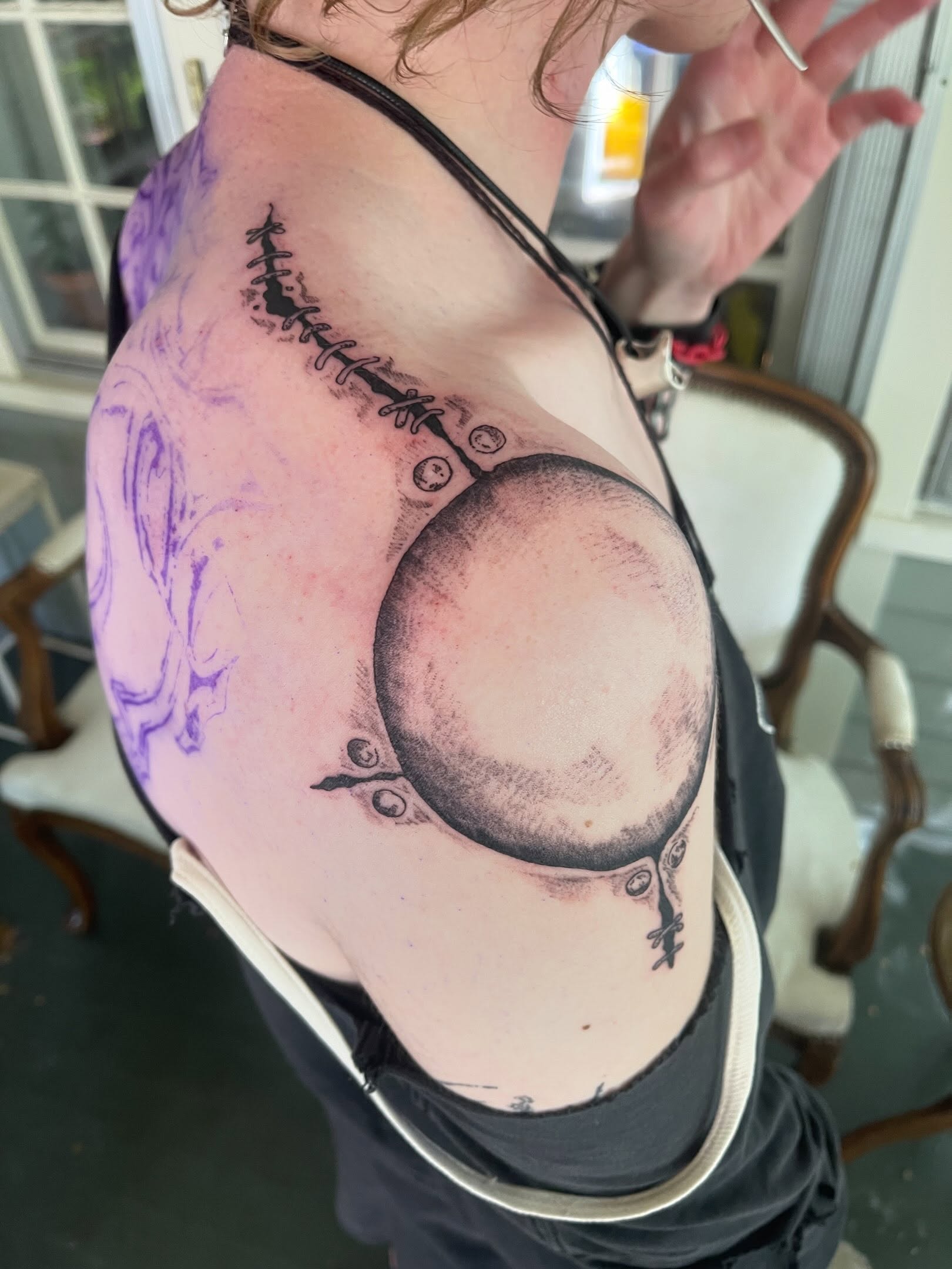 Moon and crescent black and grey tattoo on the shoulder by @initiationoftorture