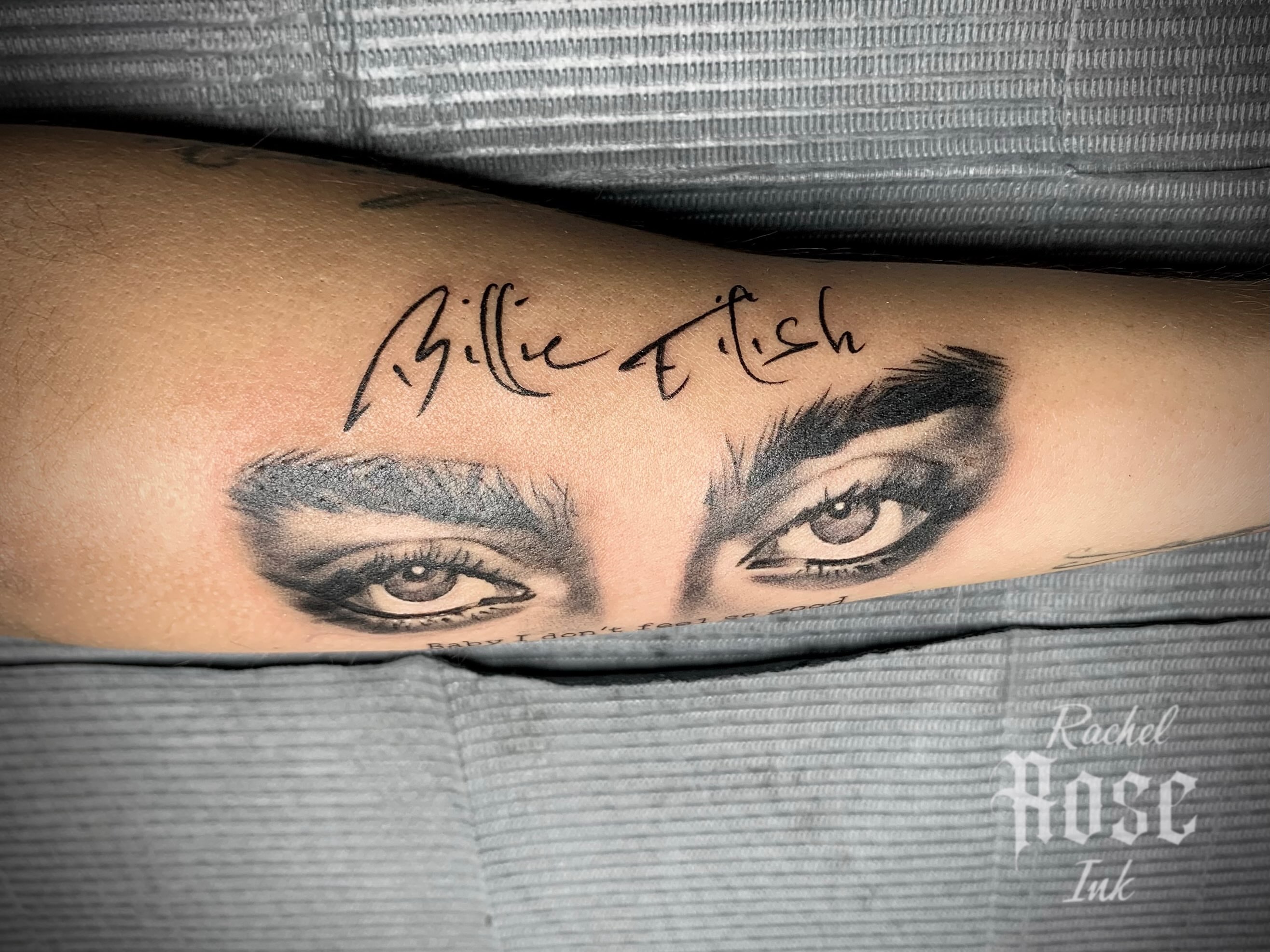 Billie Eilish eyes realism tattoo on the forearm by 𝑅𝒶𝒸𝒽𝑒𝓁 𝑅𝑜𝓈𝑒 🌹