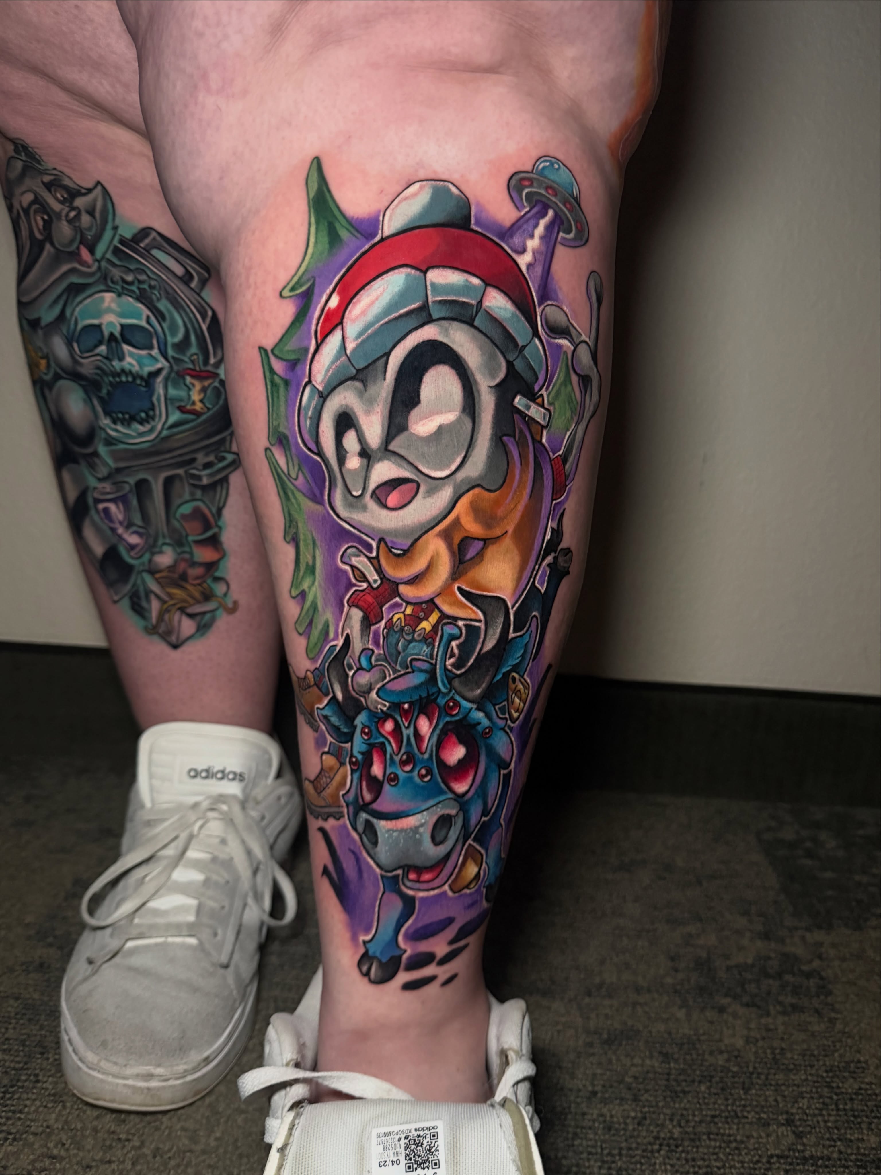 Anime character anime tattoo on the leg by Tyler Jewett
