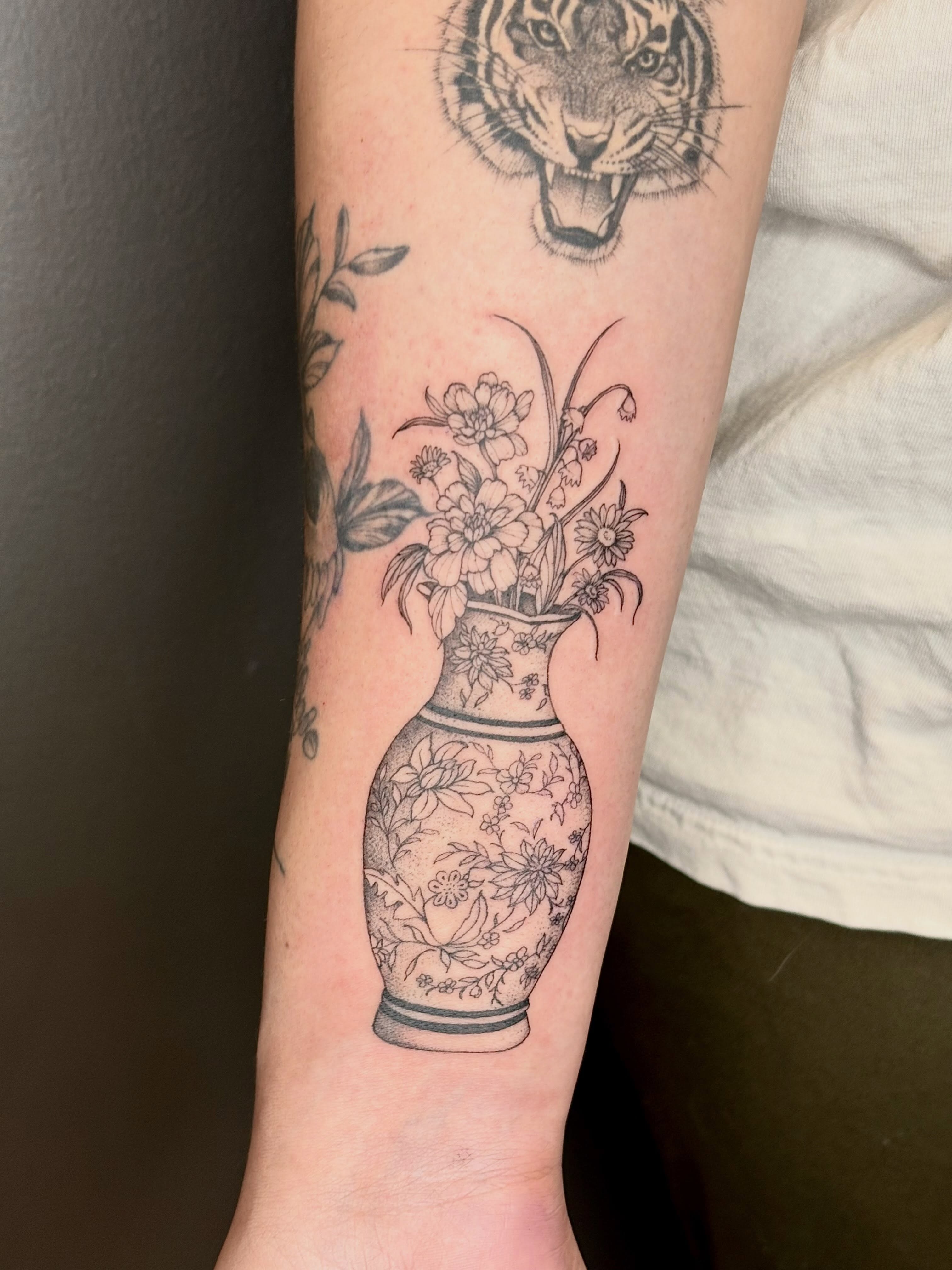 Vase with flowers black and grey tattoo on the forearm by 🖤Sidney🖤