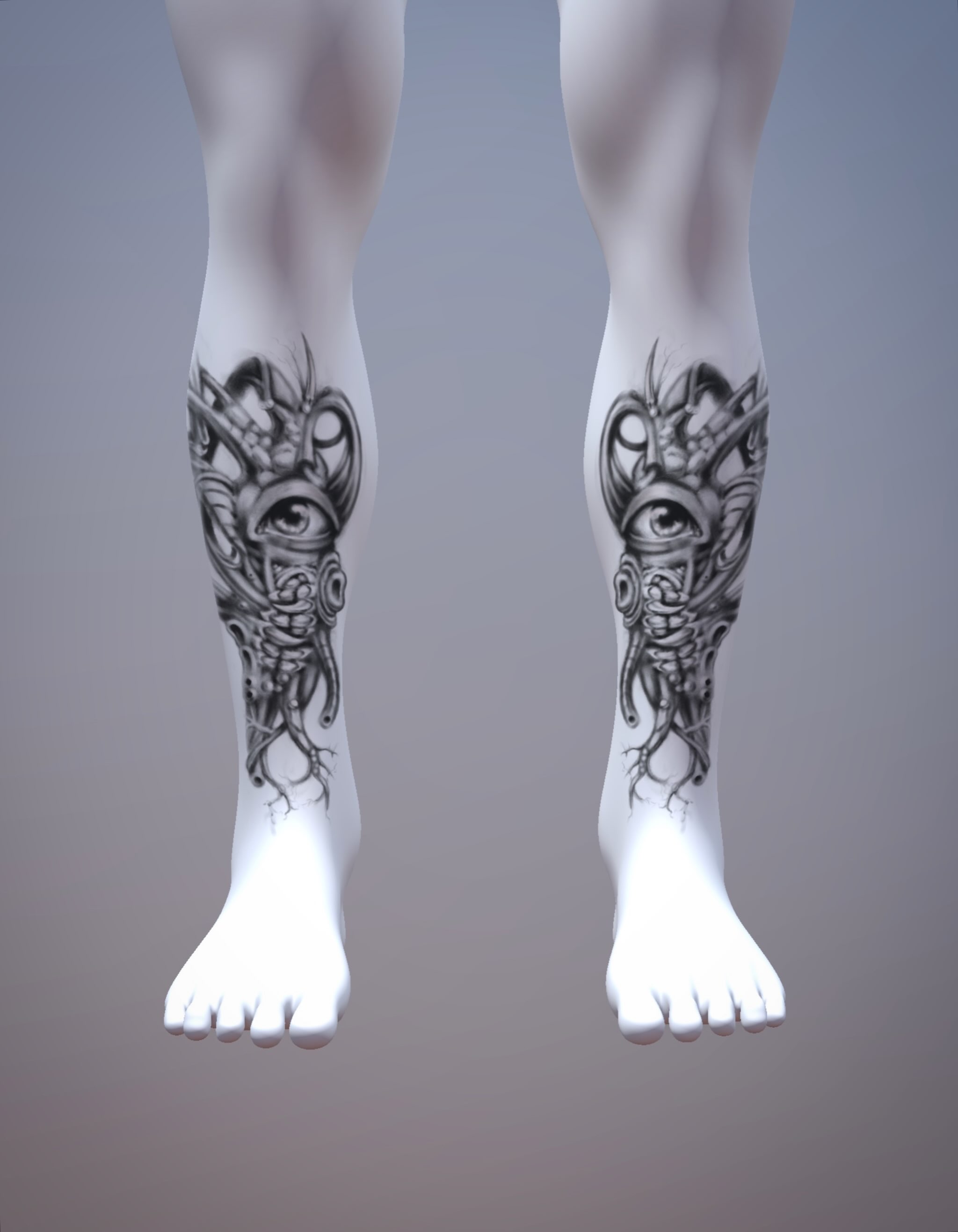 Eye and mechanical structure geometric tattoo on the calf by Jo Xylo - Minneapolis Tattoo Artist, Minneapolis, Minnesota