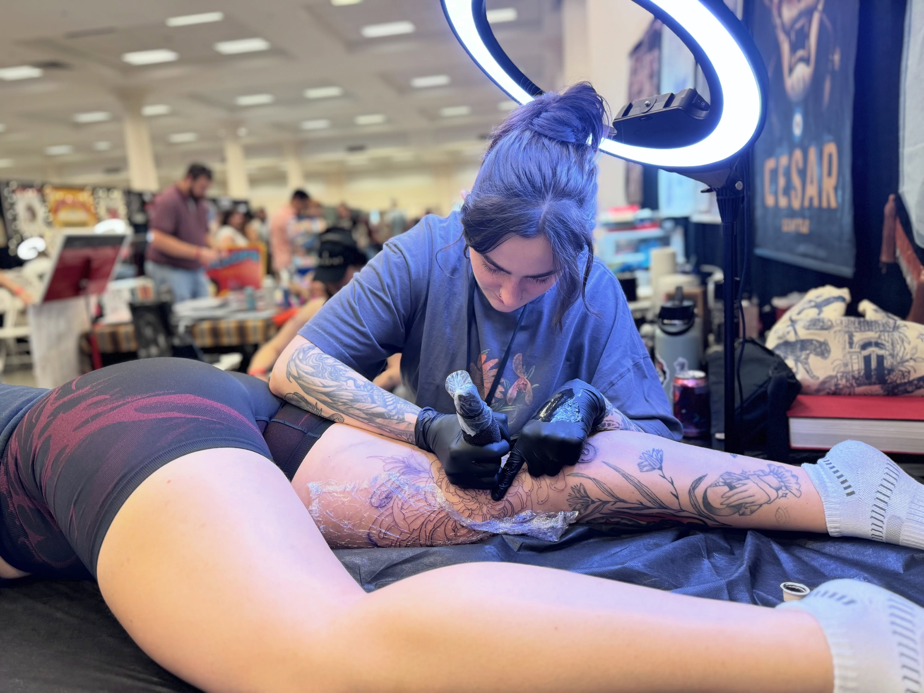 Floral design black and grey tattoo on the thigh by Jena Perry