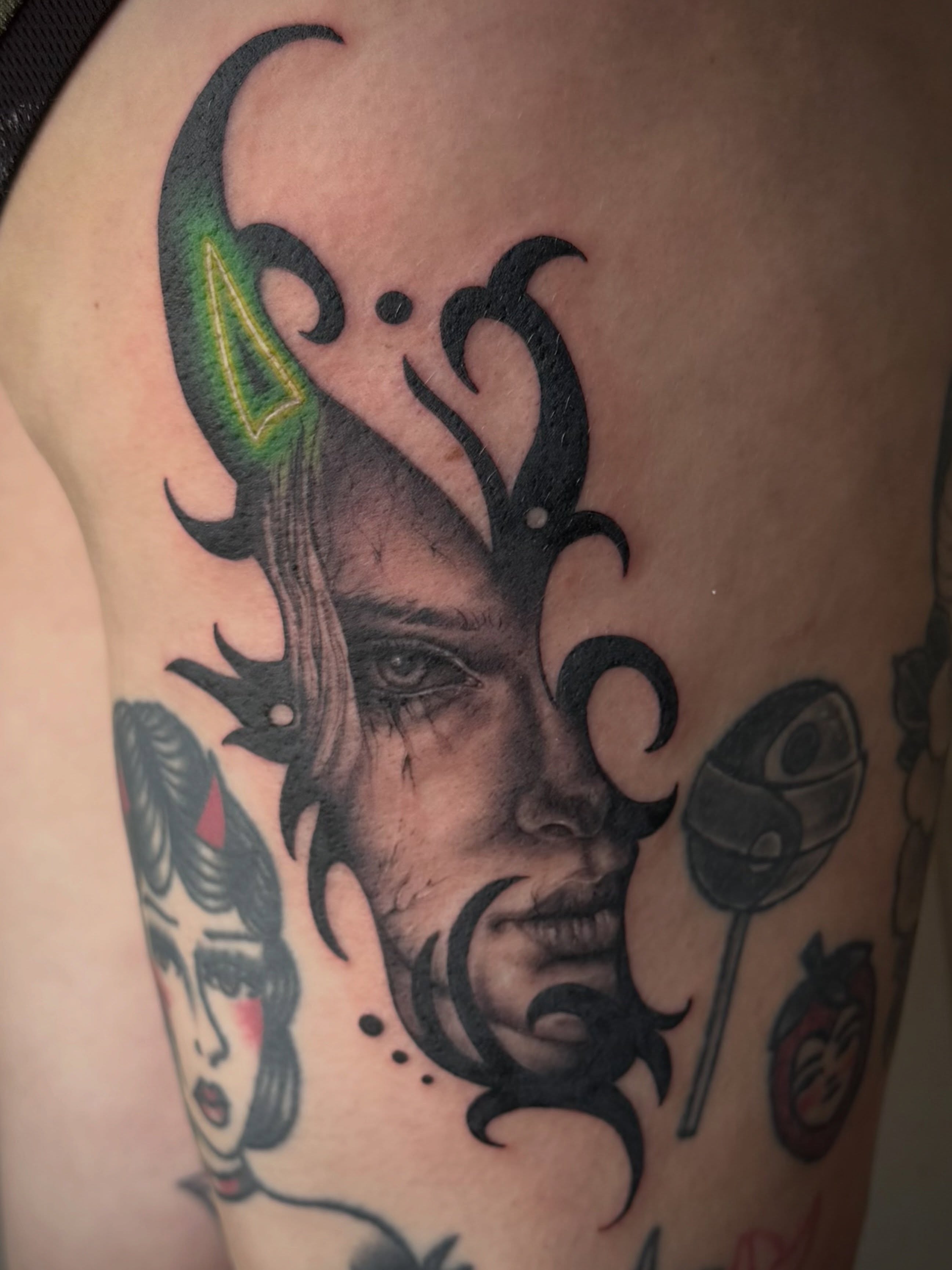 Woman's face realism tattoo on the thigh by ✨Jen Lochbihler✨, Dickson, Tennessee