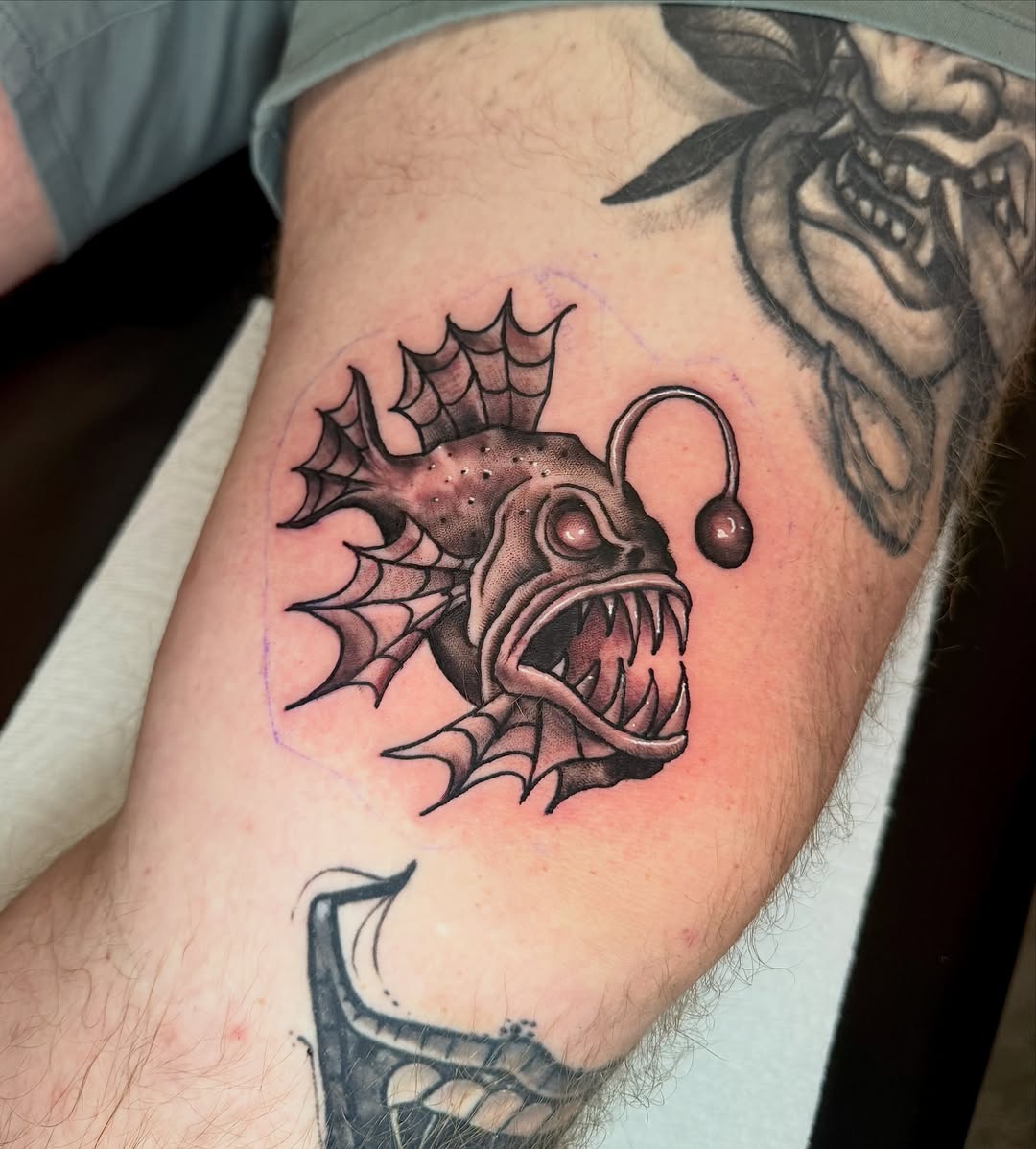 Angler fish dark realism tattoo on the forearm by James ⚡️ Tattoo Artist