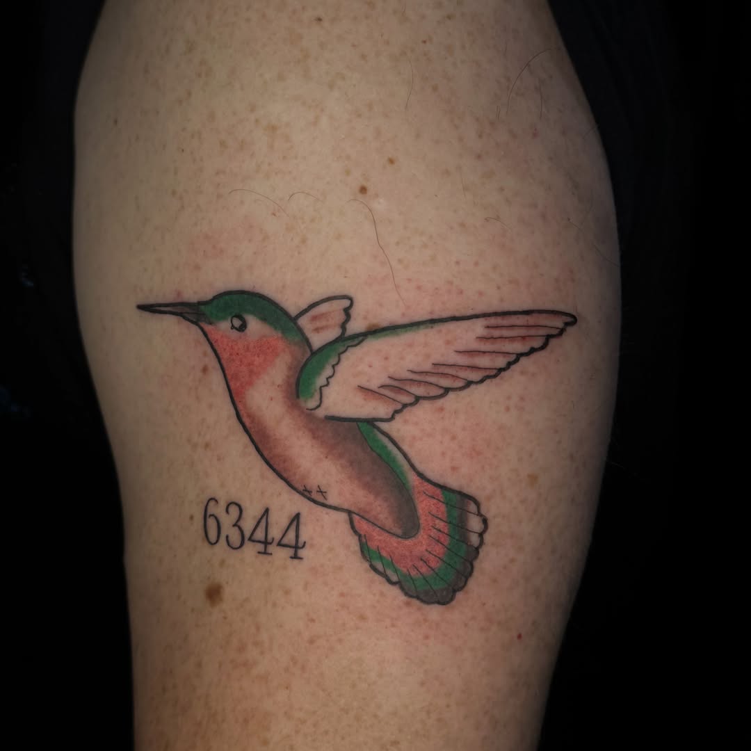Hummingbird new school tattoo on the thigh by ✧˖°. Jordan
