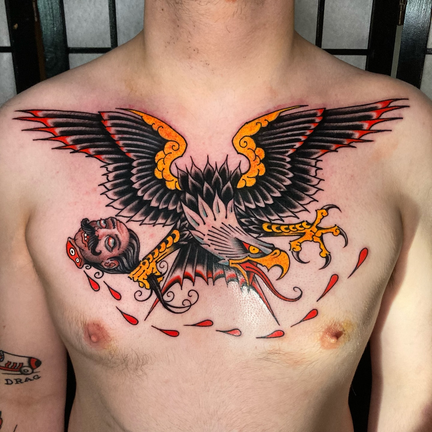 Phoenix American traditional tattoo on the chest by 🌴Nick Hetzel🌴, Saint Petersburg, Florida