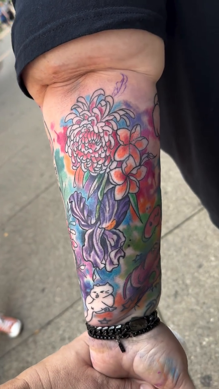 Flowers and moon japanese irezumi tattoo by Misty Dawn Brothers, Dayton, Ohio