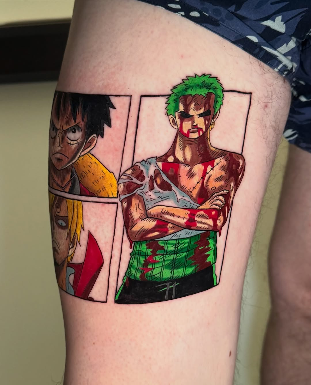 Anime characters anime tattoo on the thigh by Jennifer Kovach, Gastonia, North Carolina