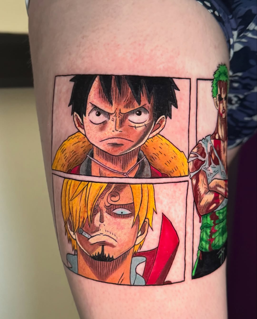 Anime characters anime tattoo on the thigh by Jennifer Kovach, Gastonia, North Carolina
