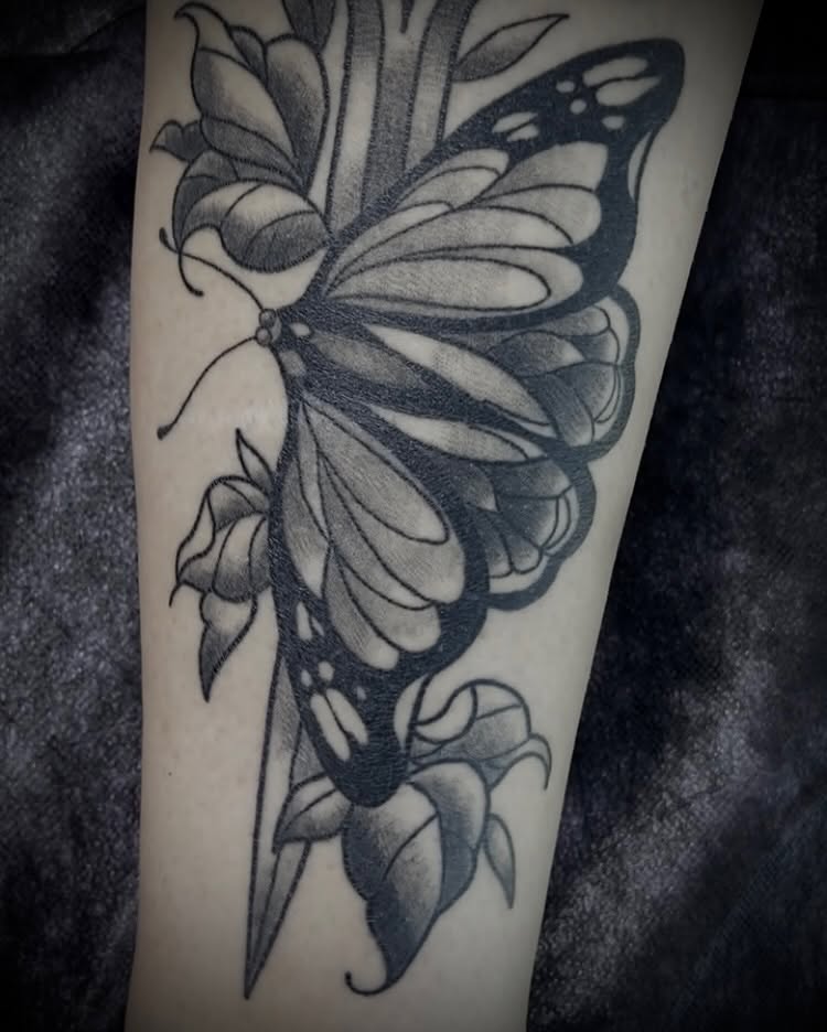 Butterfly black and grey tattoo on the forearm by Shelbie, Salt Lake City, Utah