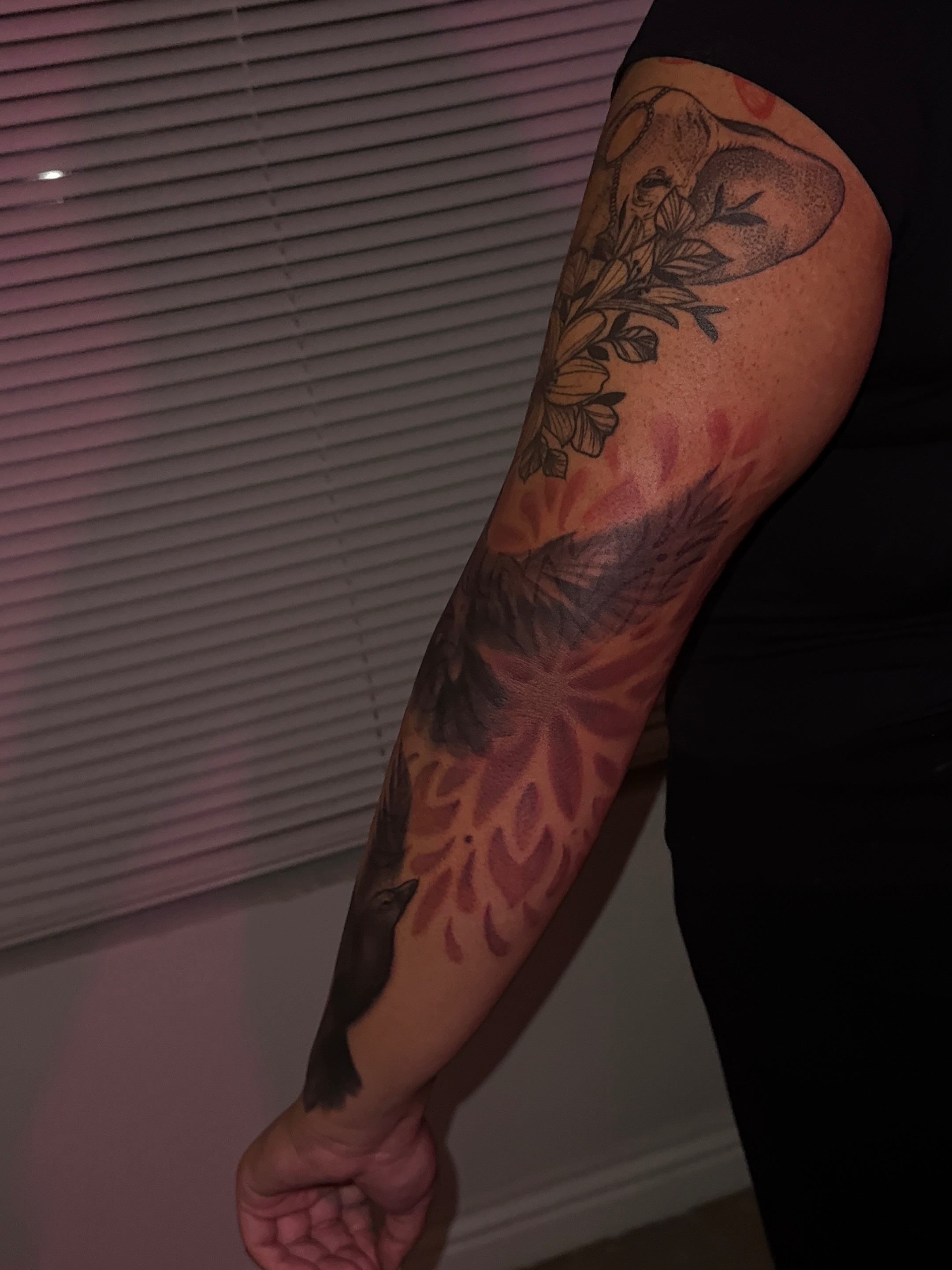 Elephant and floral American traditional tattoo on the forearm by XoticTherapy, Las Vegas, Nevada