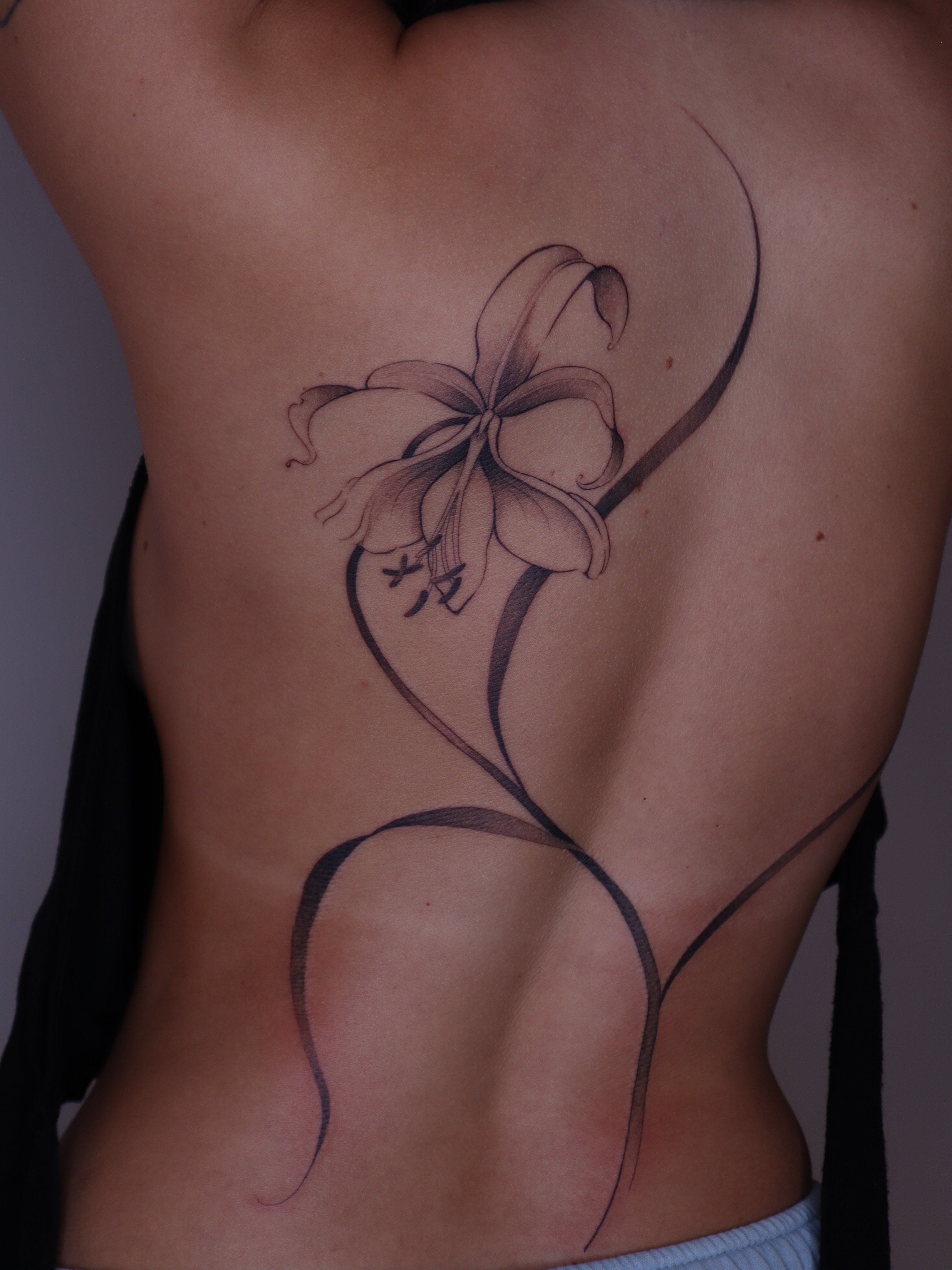 Lily black and grey tattoo on the back by Savana Wang