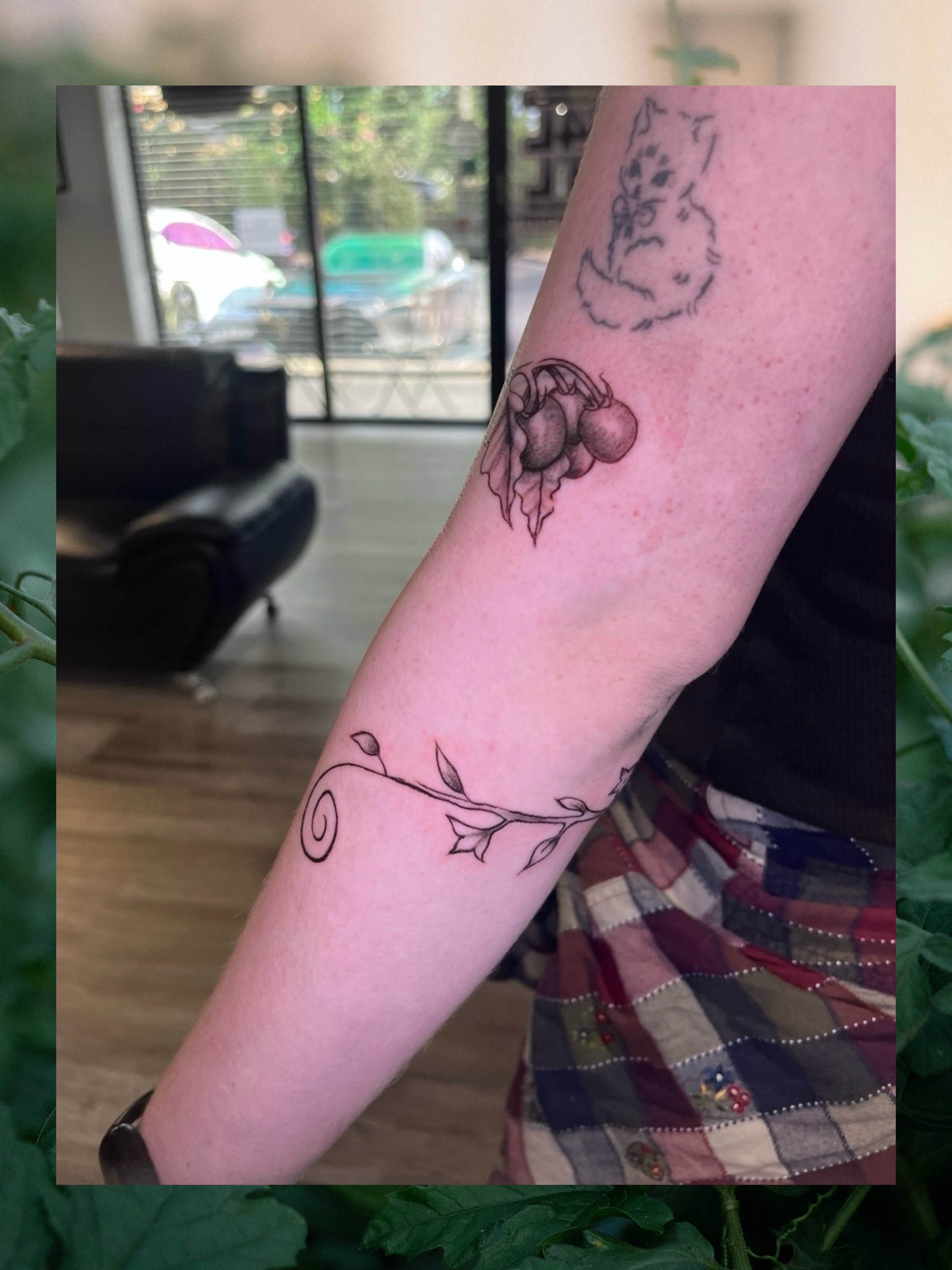 Acorns and vine black and grey tattoo on the forearm by Elana Hites