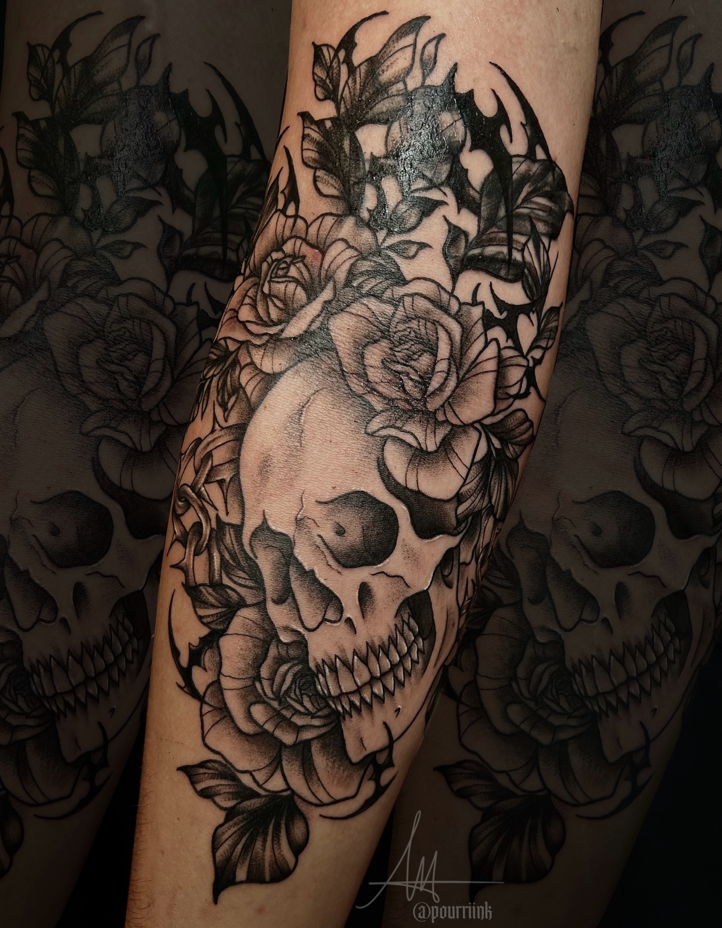 Skull and roses realism tattoo on the forearm by abby ☽ marie