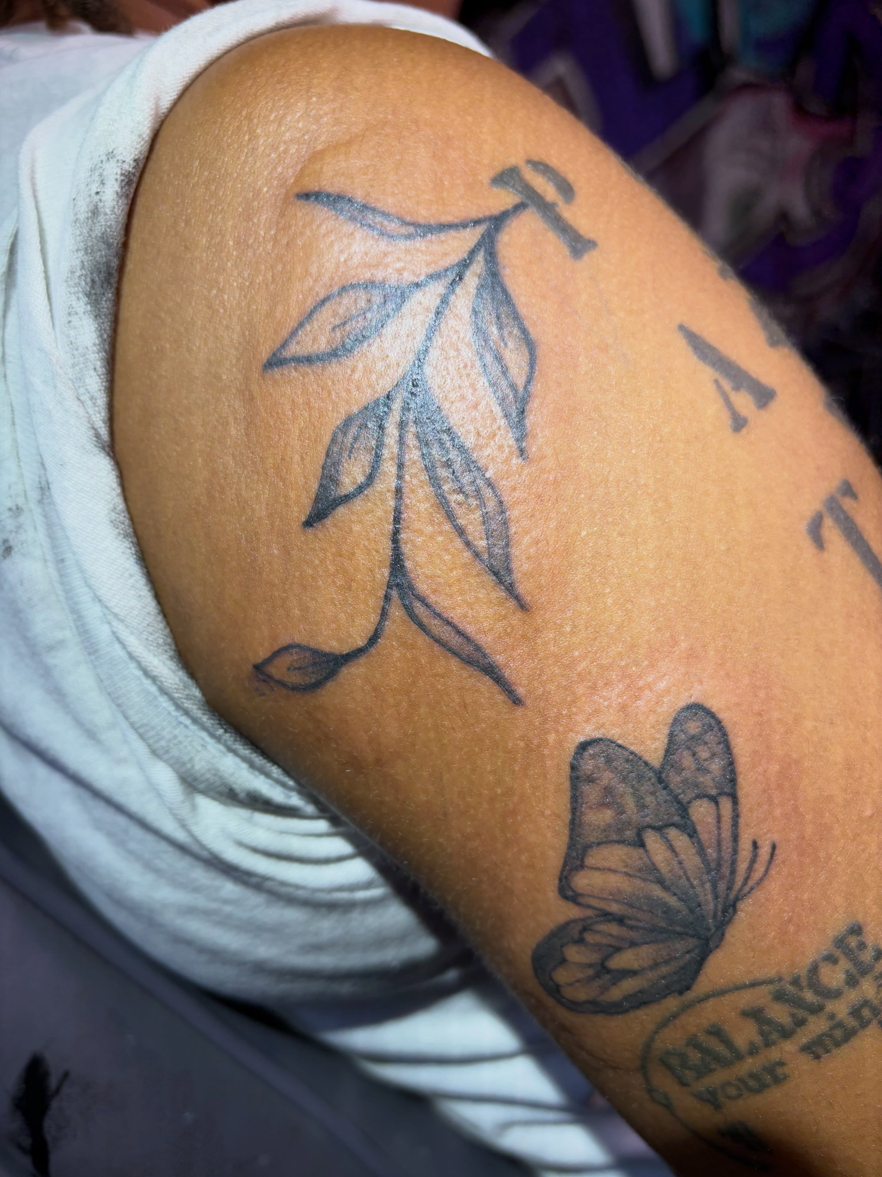Branch with leaves black and grey tattoo on the shoulder by 🔥Matt Tatts 313🔥