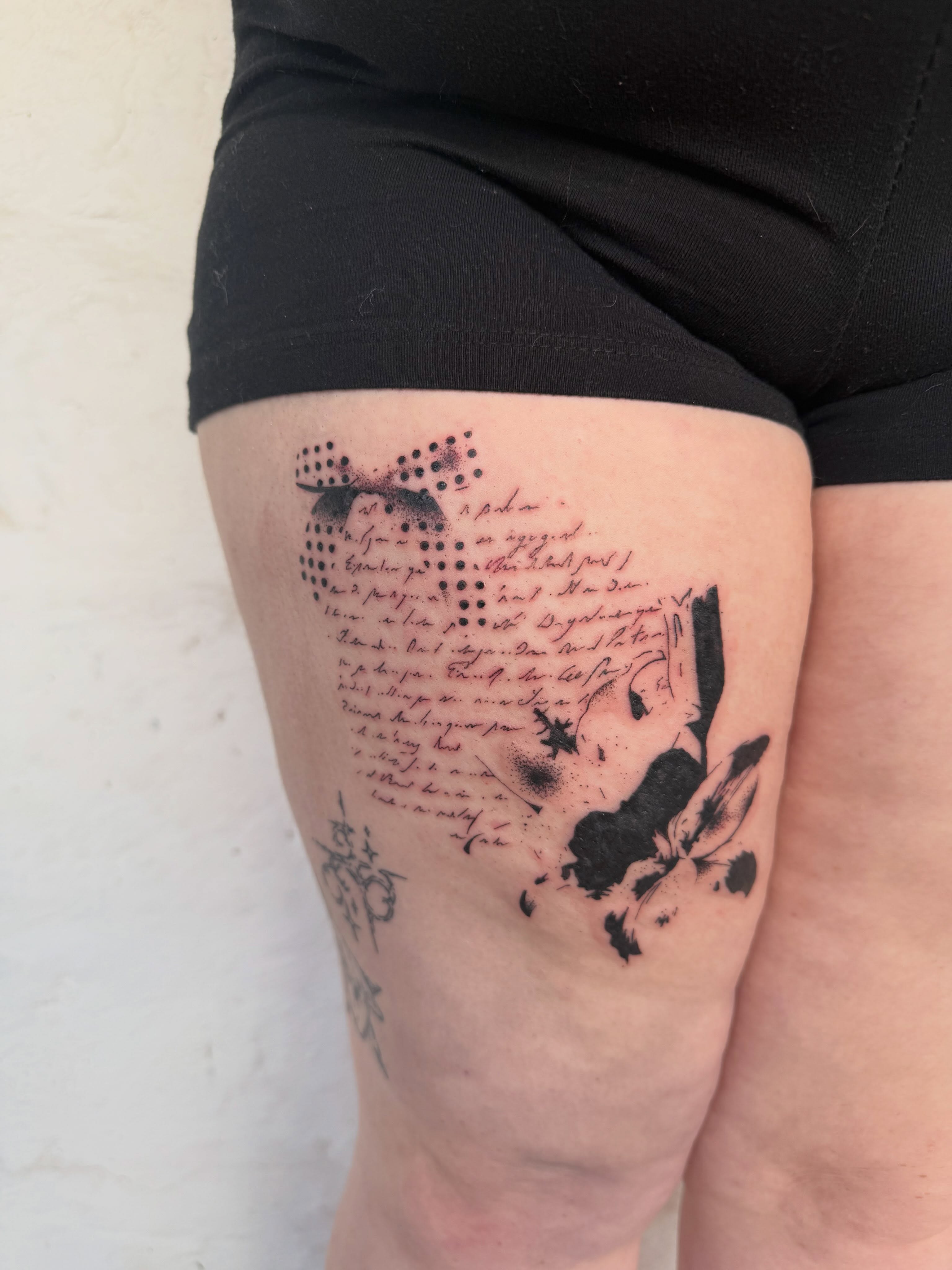 Script lettering dotwork tattoo on the thigh by sarah