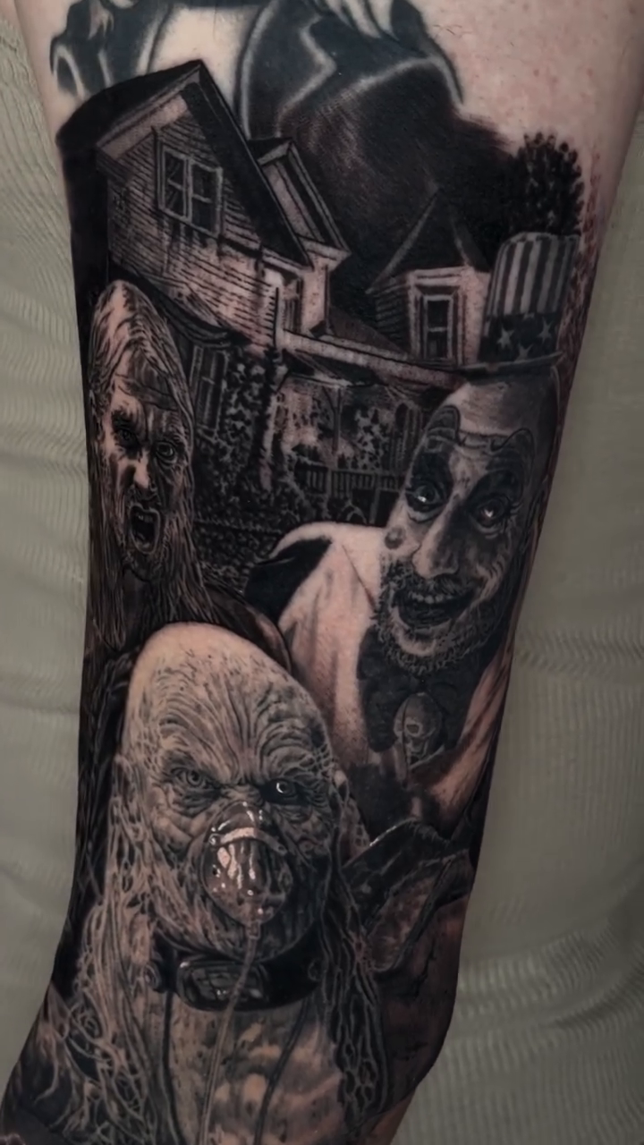 Zombie apocalypse scene realism tattoo by Steven Pelkey, Eastpointe, Michigan