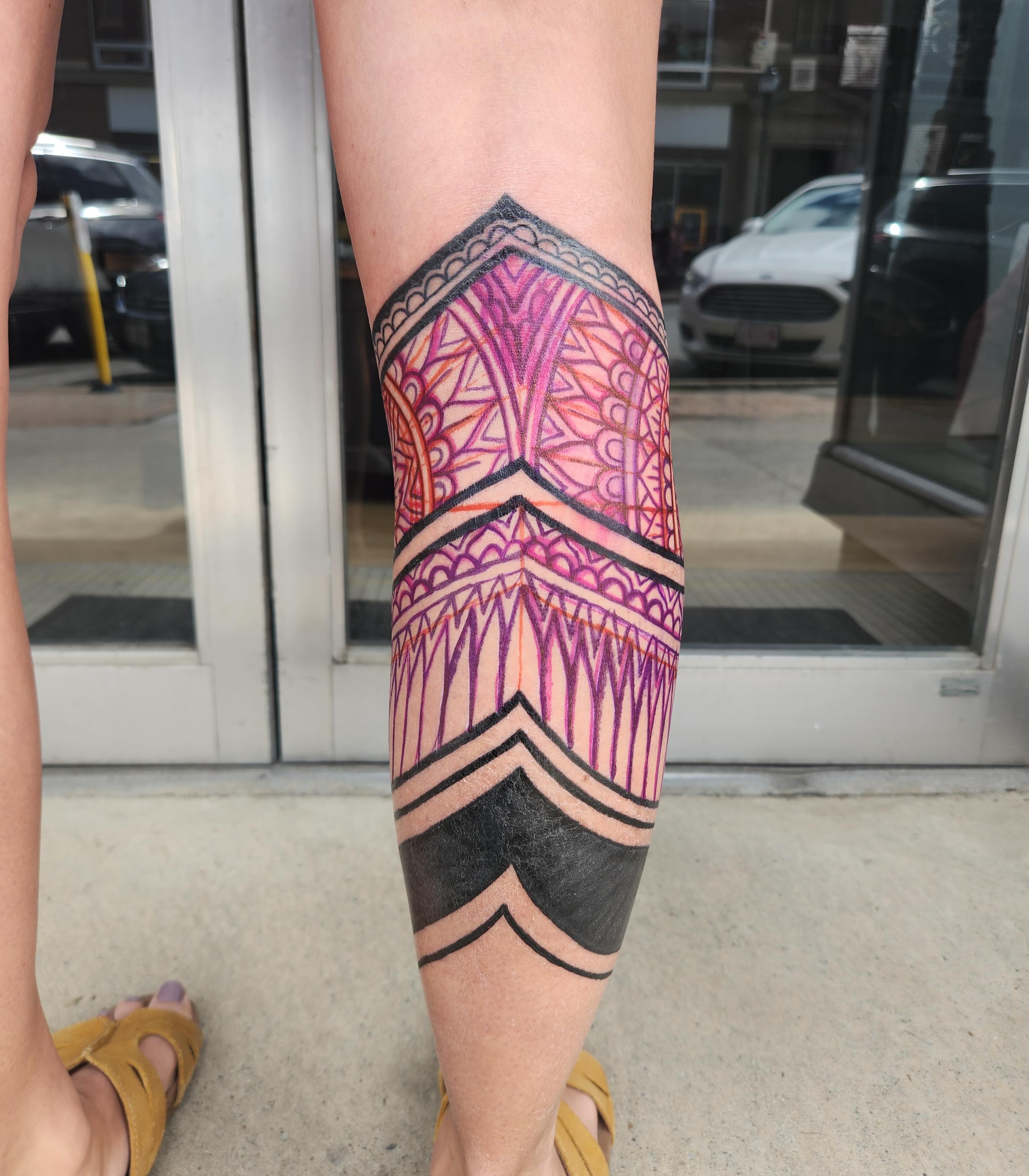 Geometric pattern geometric tattoo on the calf by Ravi Chandra, Mount Shasta, California