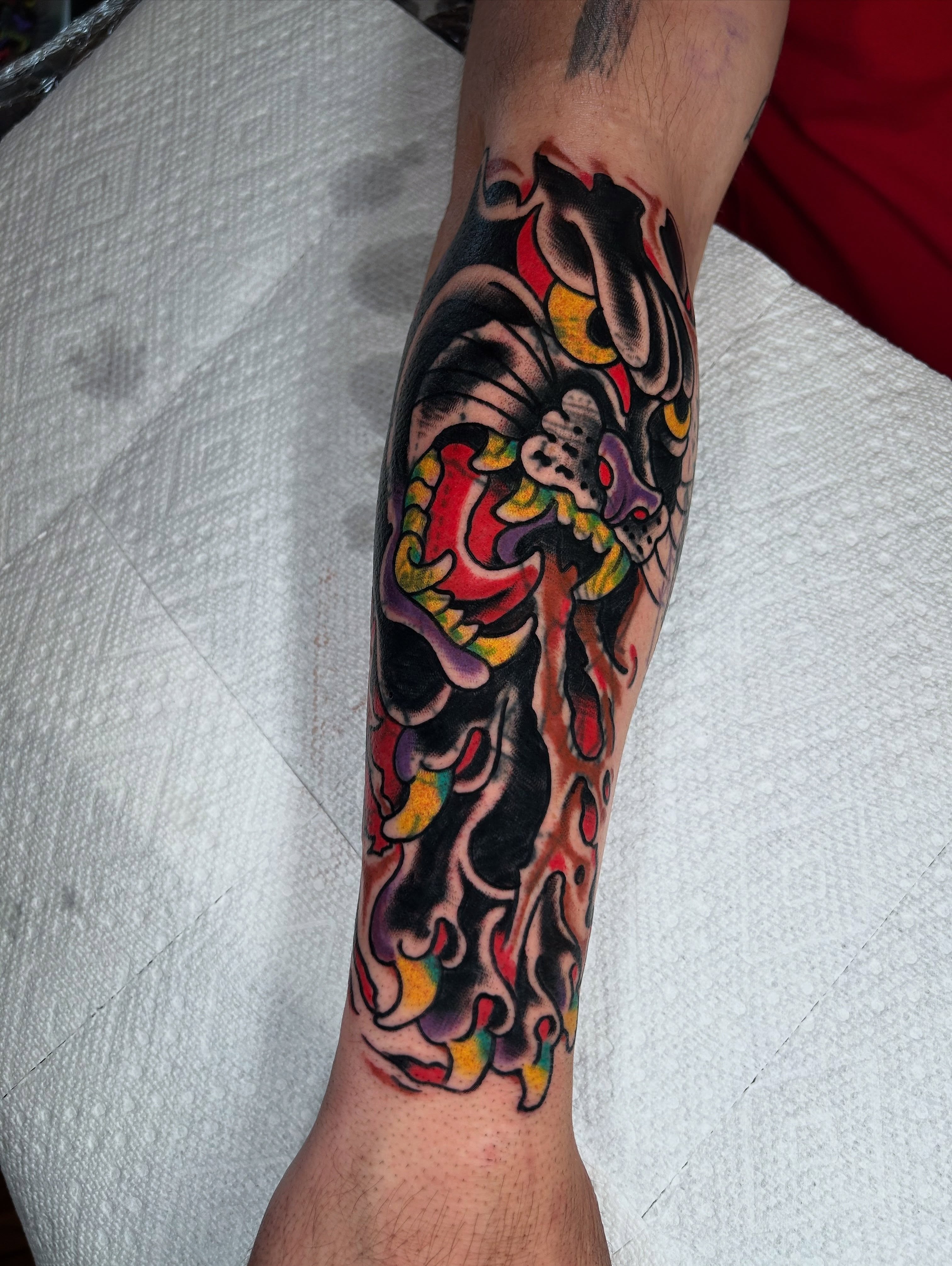 Elephant American traditional tattoo on the forearm by Kit Miller, Indianapolis, Indiana