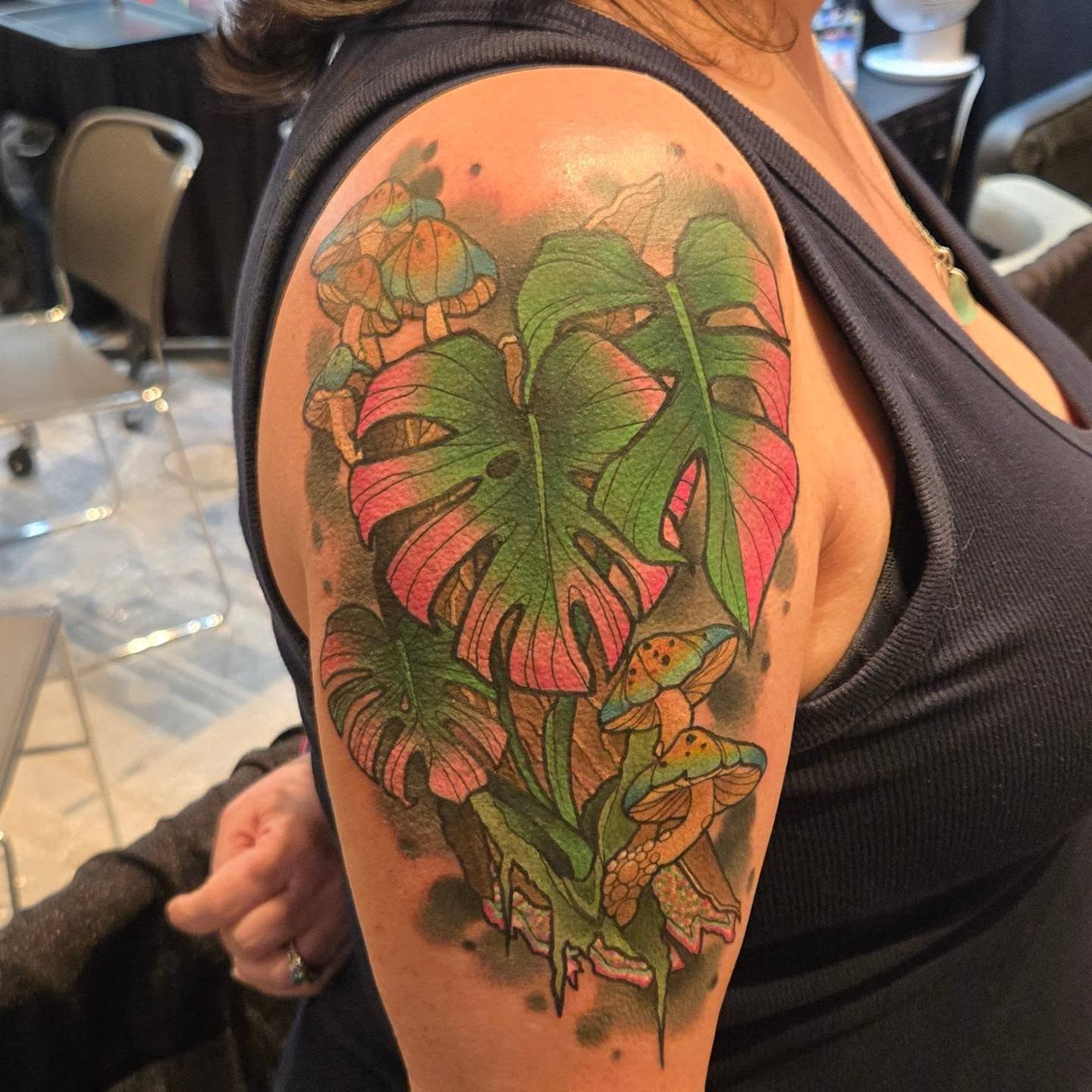 Monstera leaves and mushrooms realism tattoo on the shoulder by Brian Savage, Gilbert, Arizona