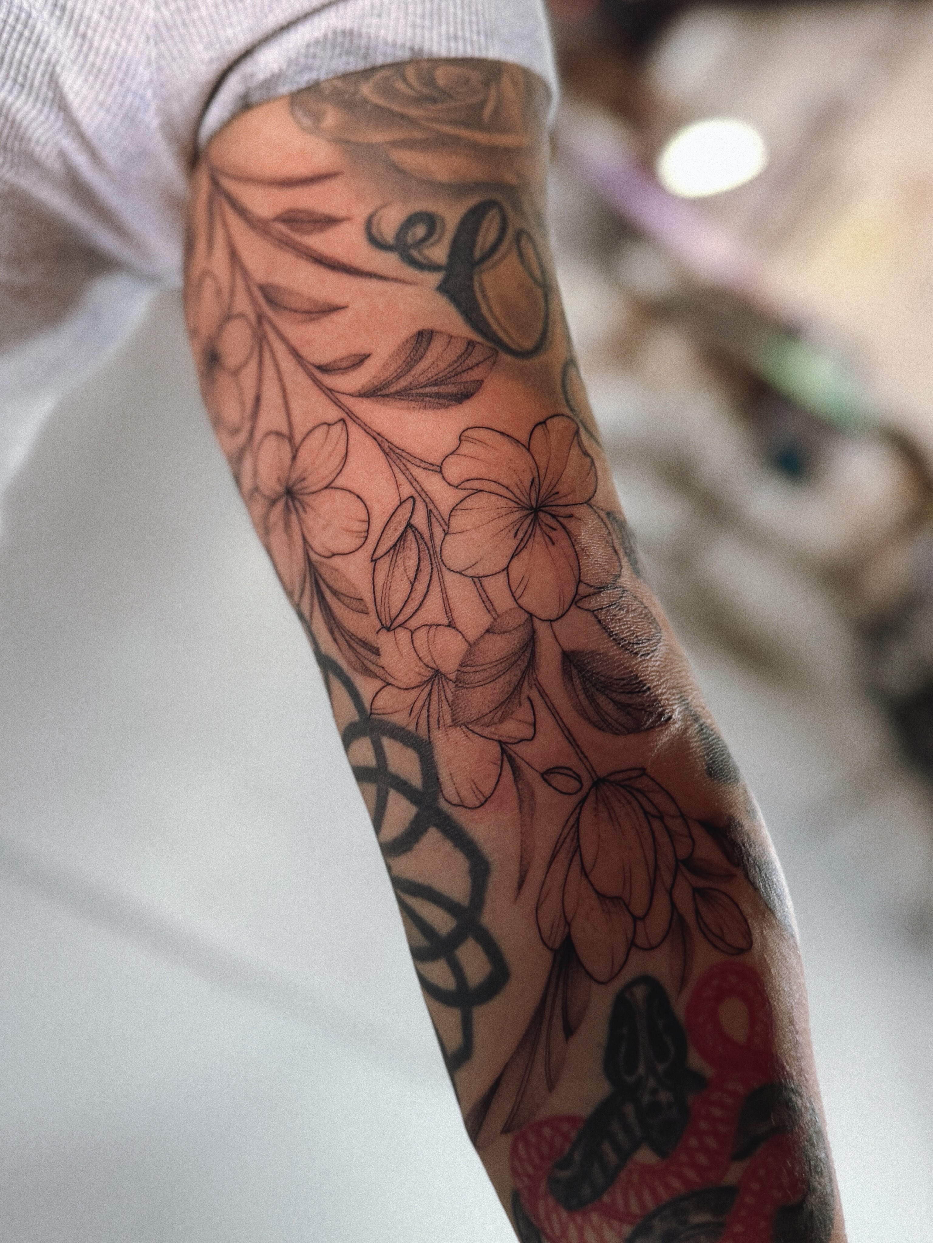 Floral design black and grey tattoo on the forearm by a n a b e l l i n o, El Paso, Texas