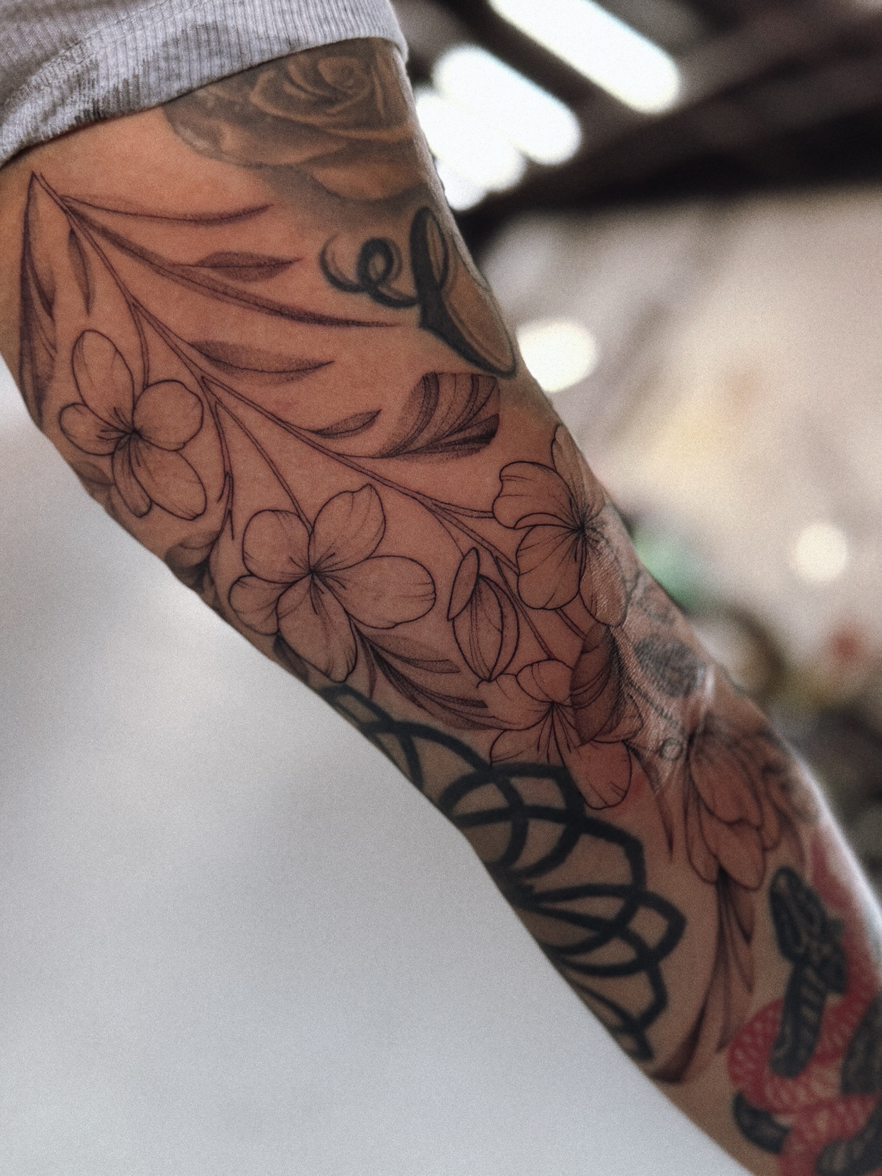 Floral design black and grey tattoo on the forearm by a n a b e l l i n o, El Paso, Texas