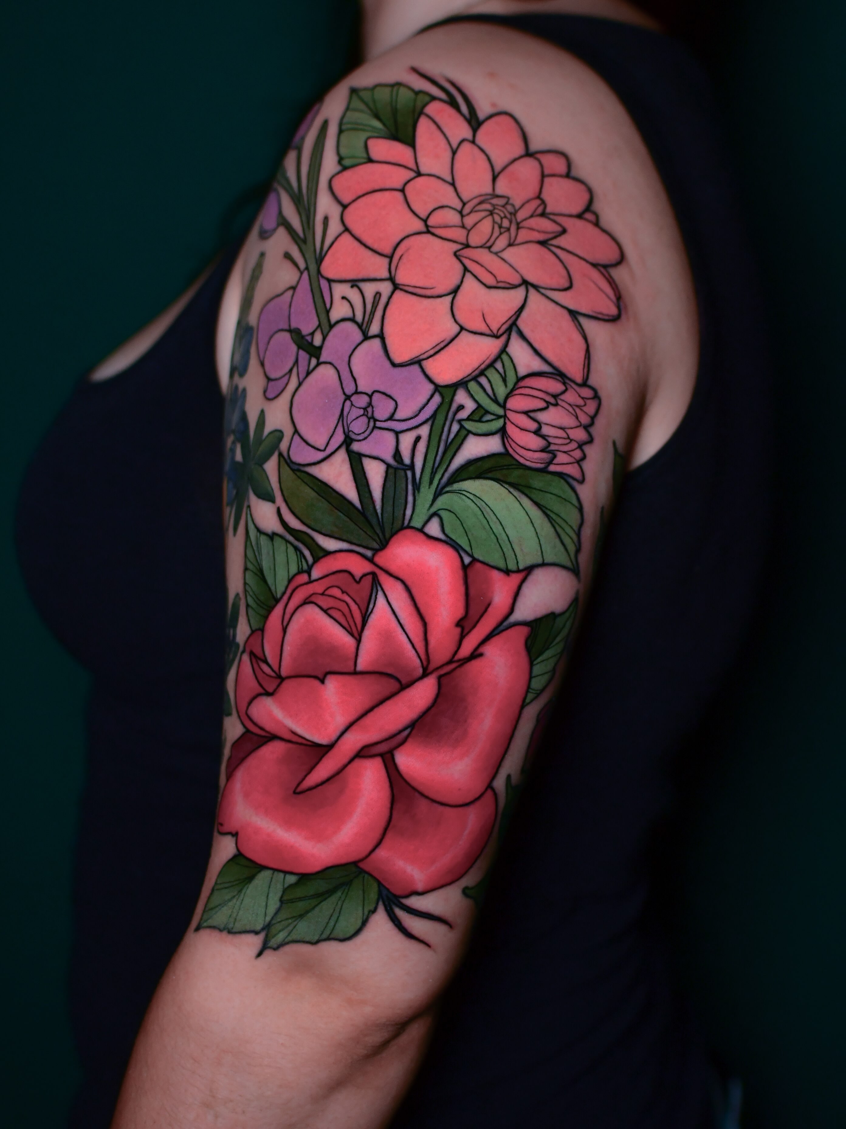 Floral bouquet realism tattoo on the upper arm by Karina πΌ Orange County Tattoo Artist