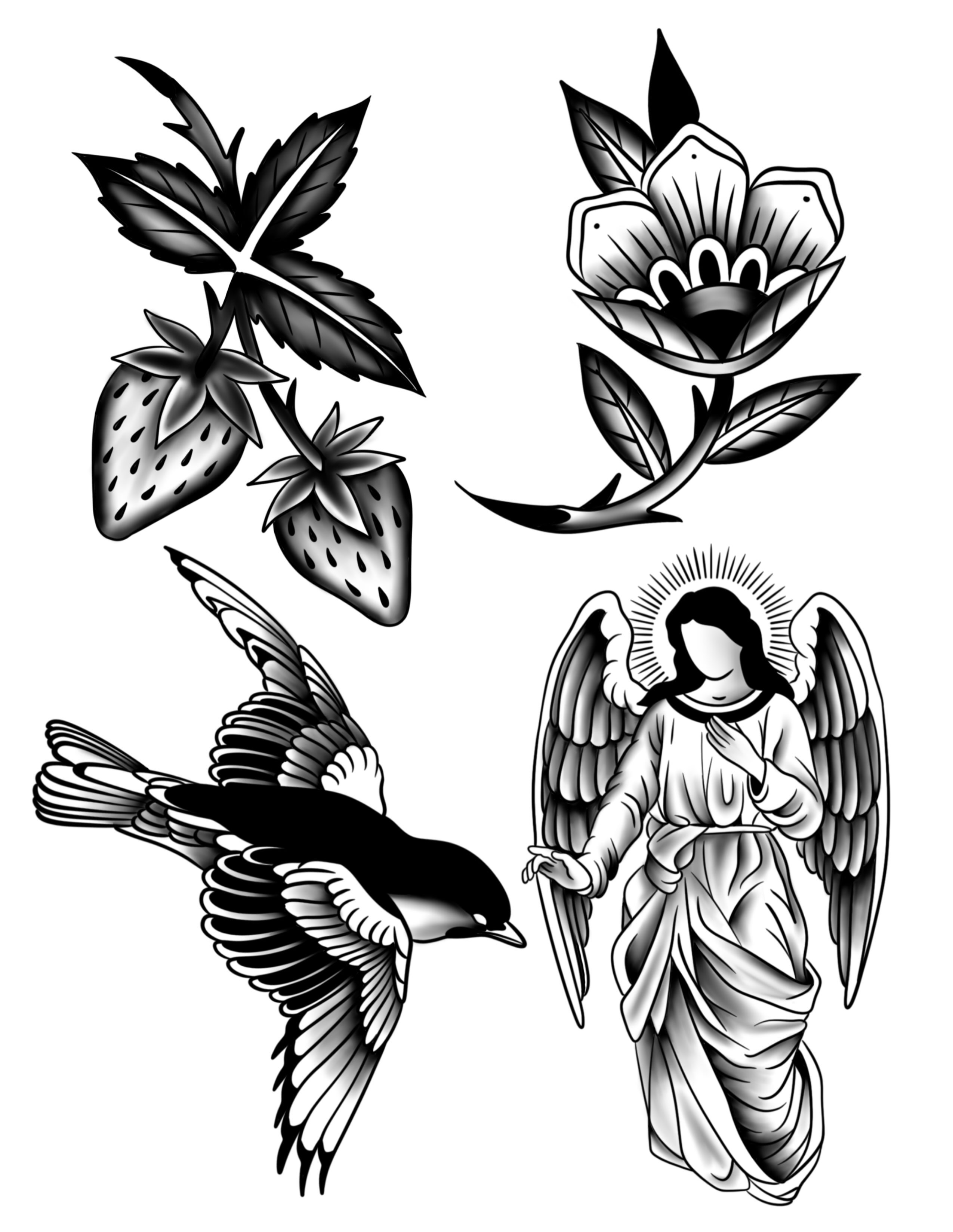 Strawberries, flower, bird, angel American traditional tattoo by Marly Quinn