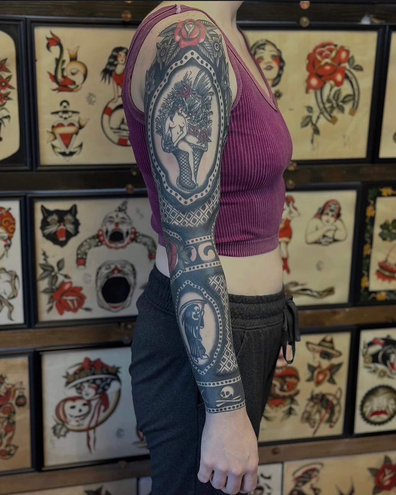 Woman with roses American traditional tattoo on the upper arm by @ryleecoyote, New York, New York