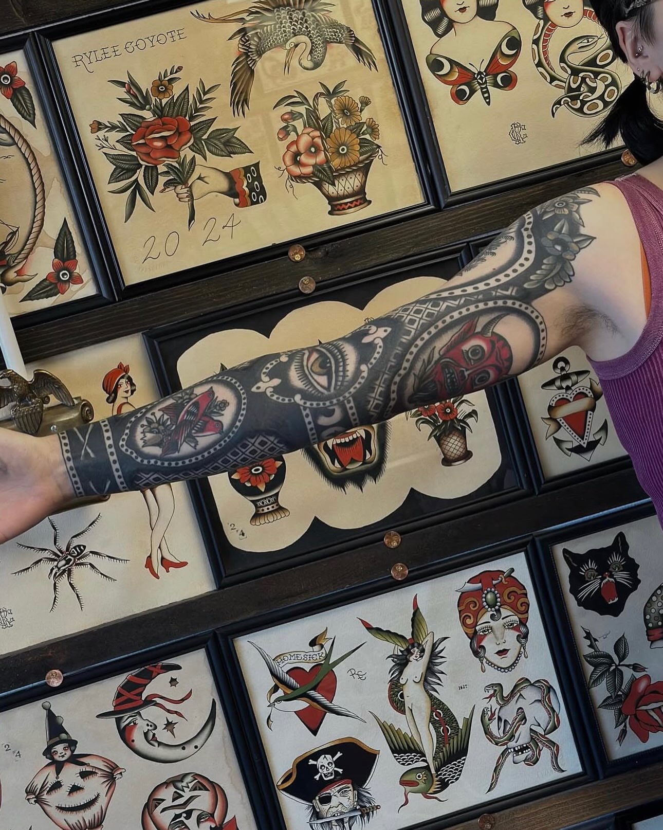 Wolf mask American traditional tattoo on the upper arm by @ryleecoyote, New York, New York