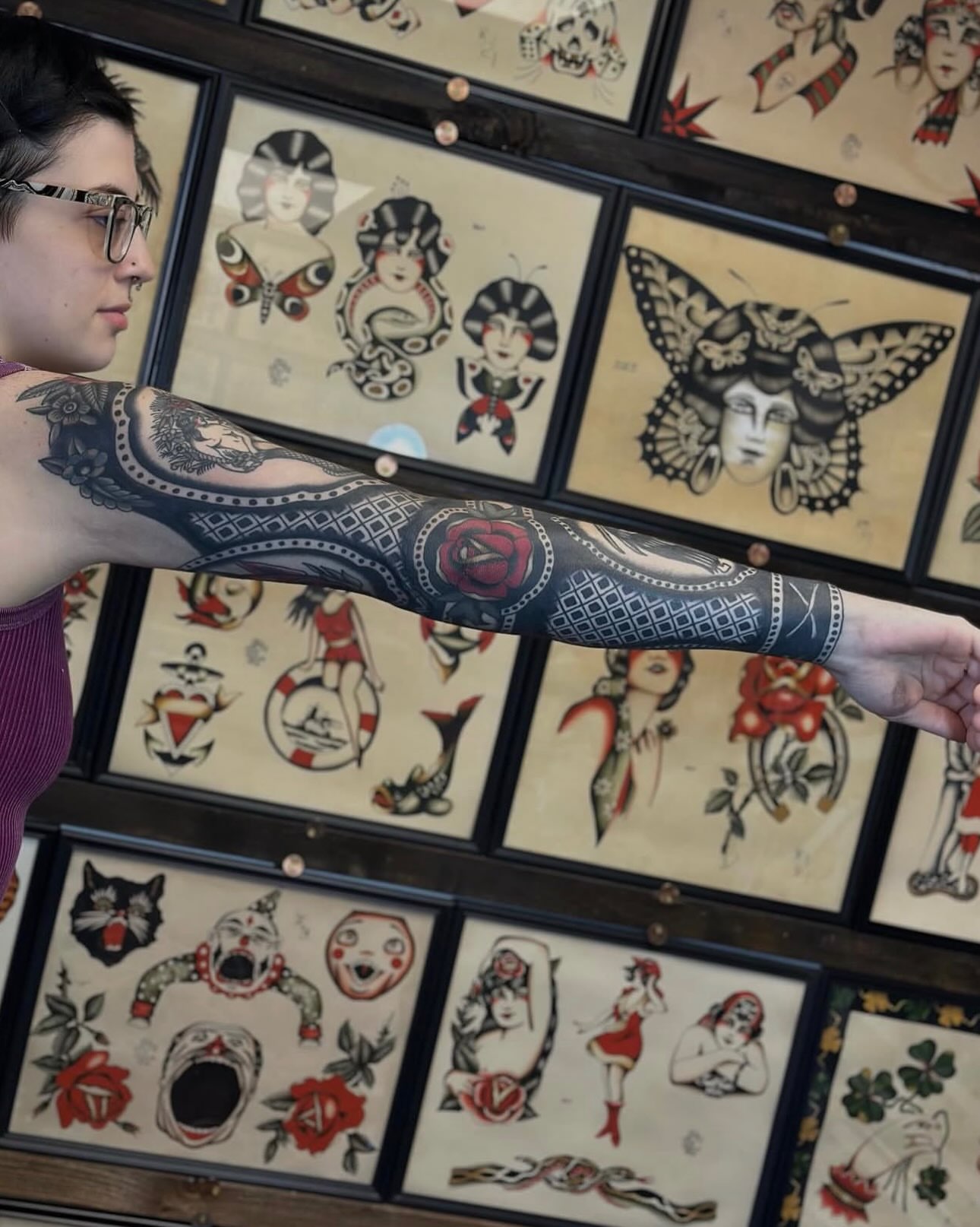 Full sleeve tattoo American traditional tattoo on the upper arm by @ryleecoyote, New York, New York