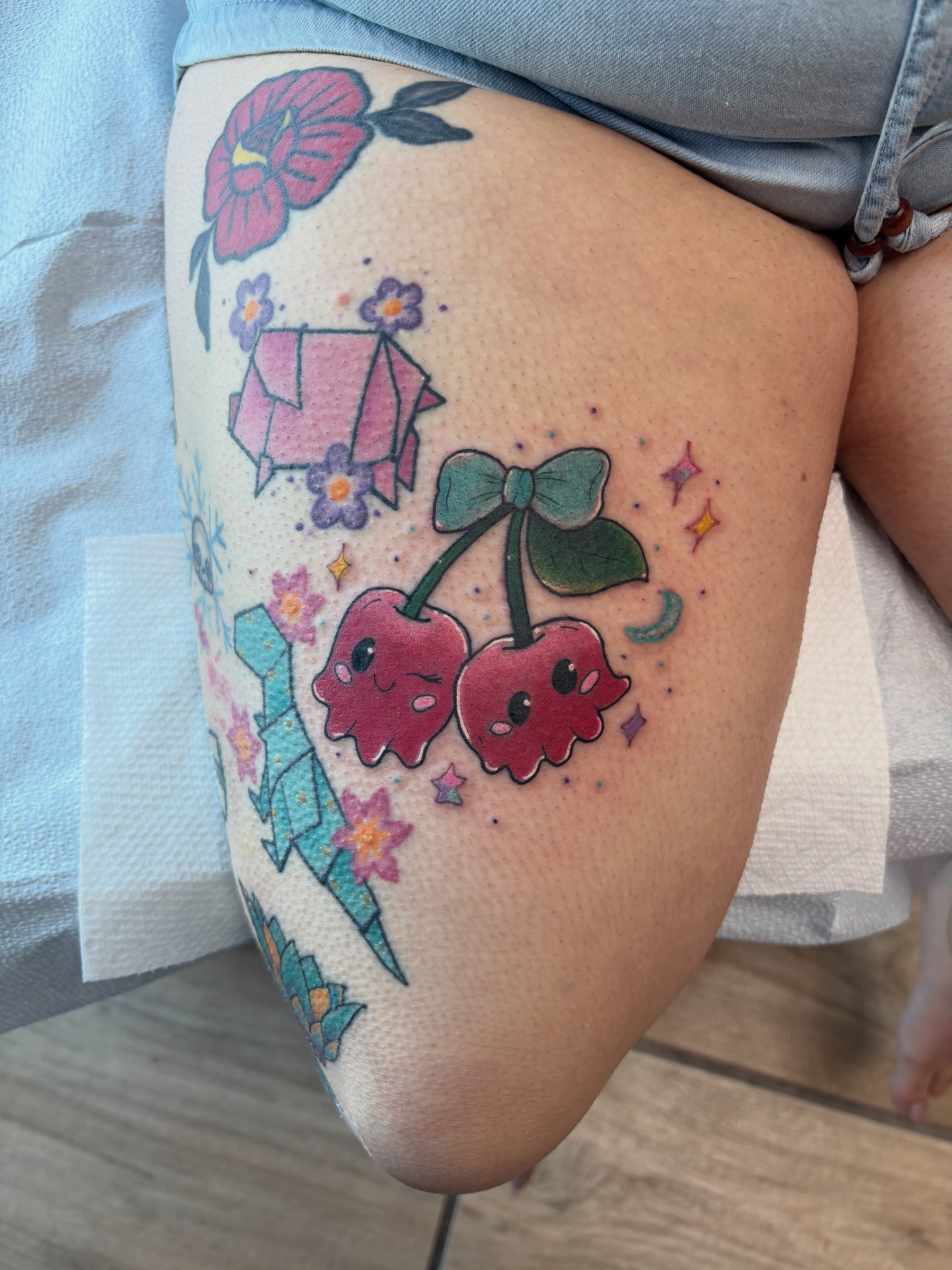 Cherry duo new school tattoo on the thigh by Samantha💋🥀