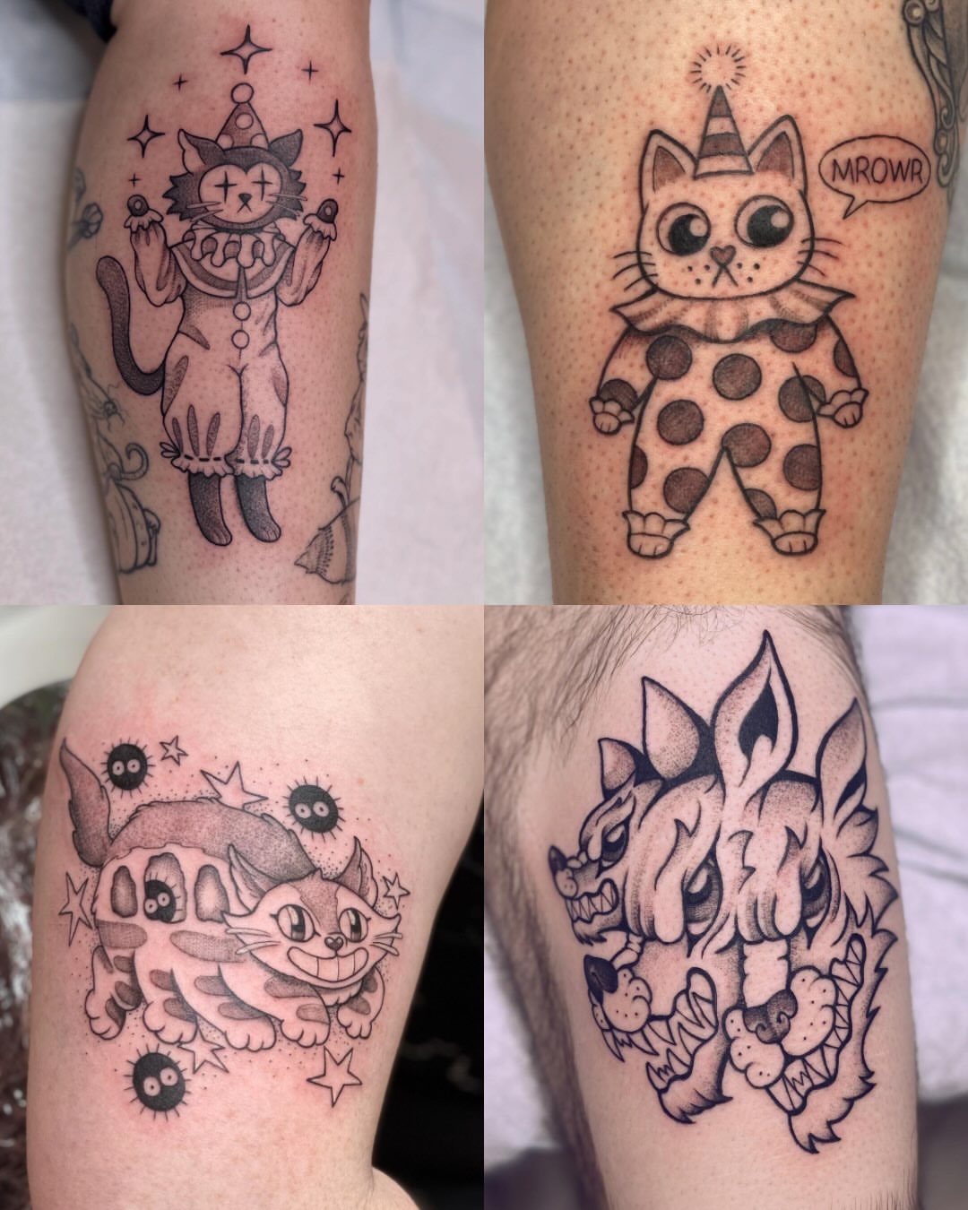 Clown cat black and grey tattoo on the forearm by Dani Di Pietrantonio