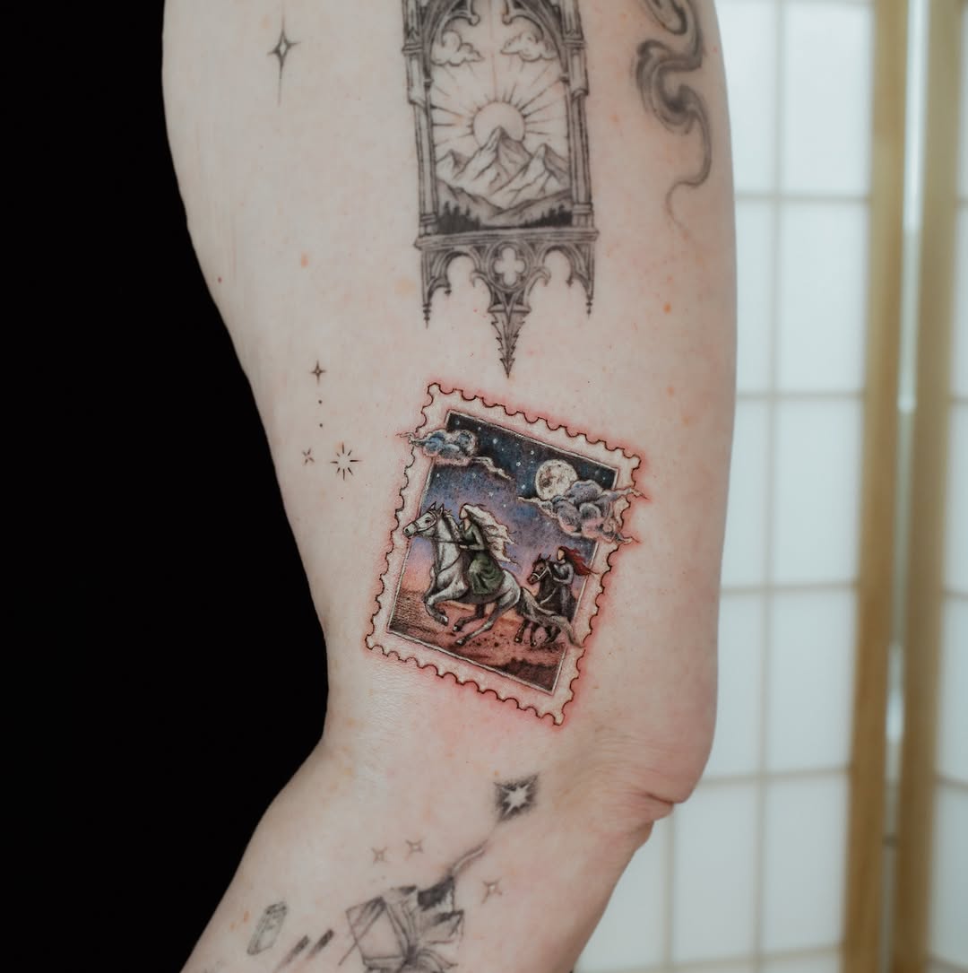 Apocalyptic horsemen neo-traditional tattoo on the forearm by 𝐇𝐚𝐫𝐩𝐞𝐫