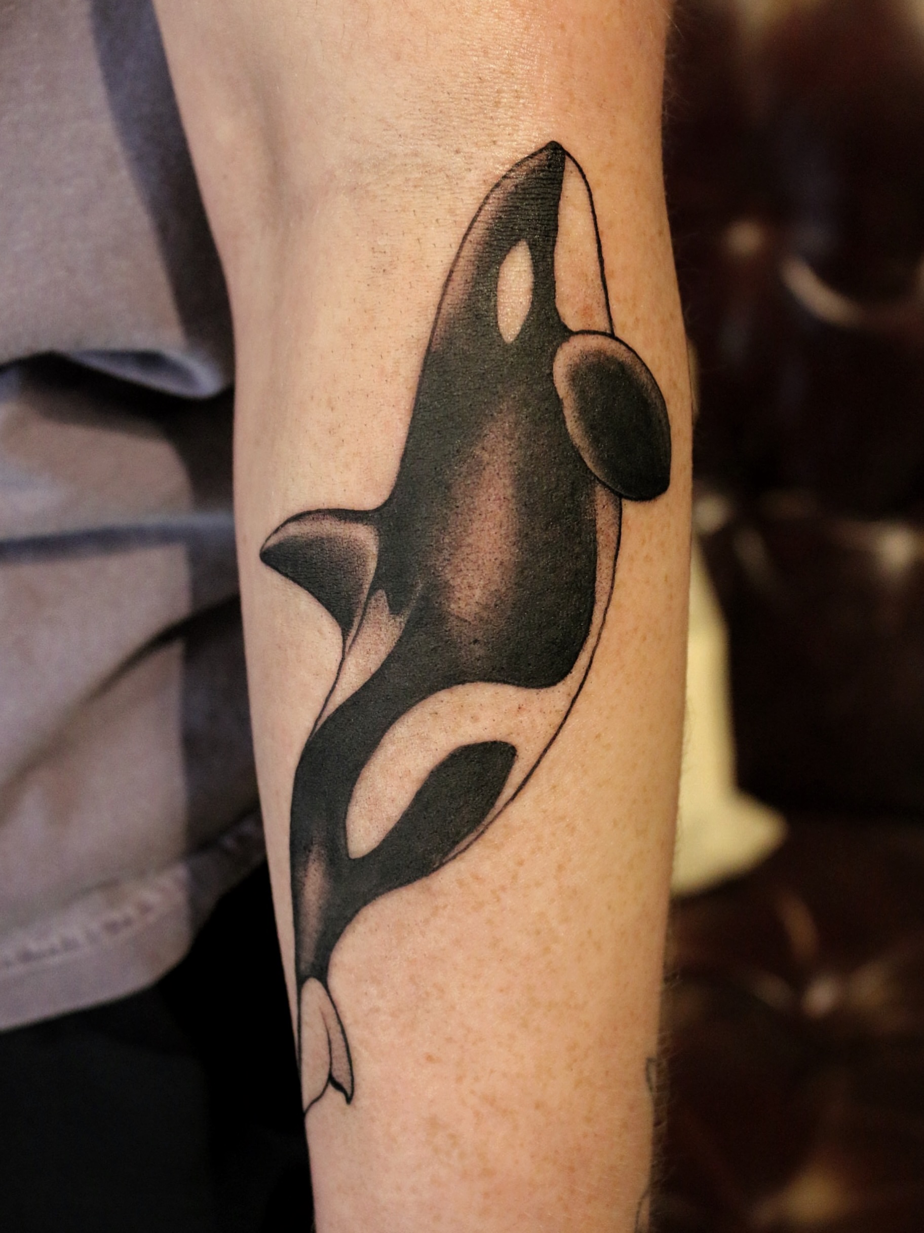 Orca whale black and grey tattoo on the forearm by Summer Balcom M.