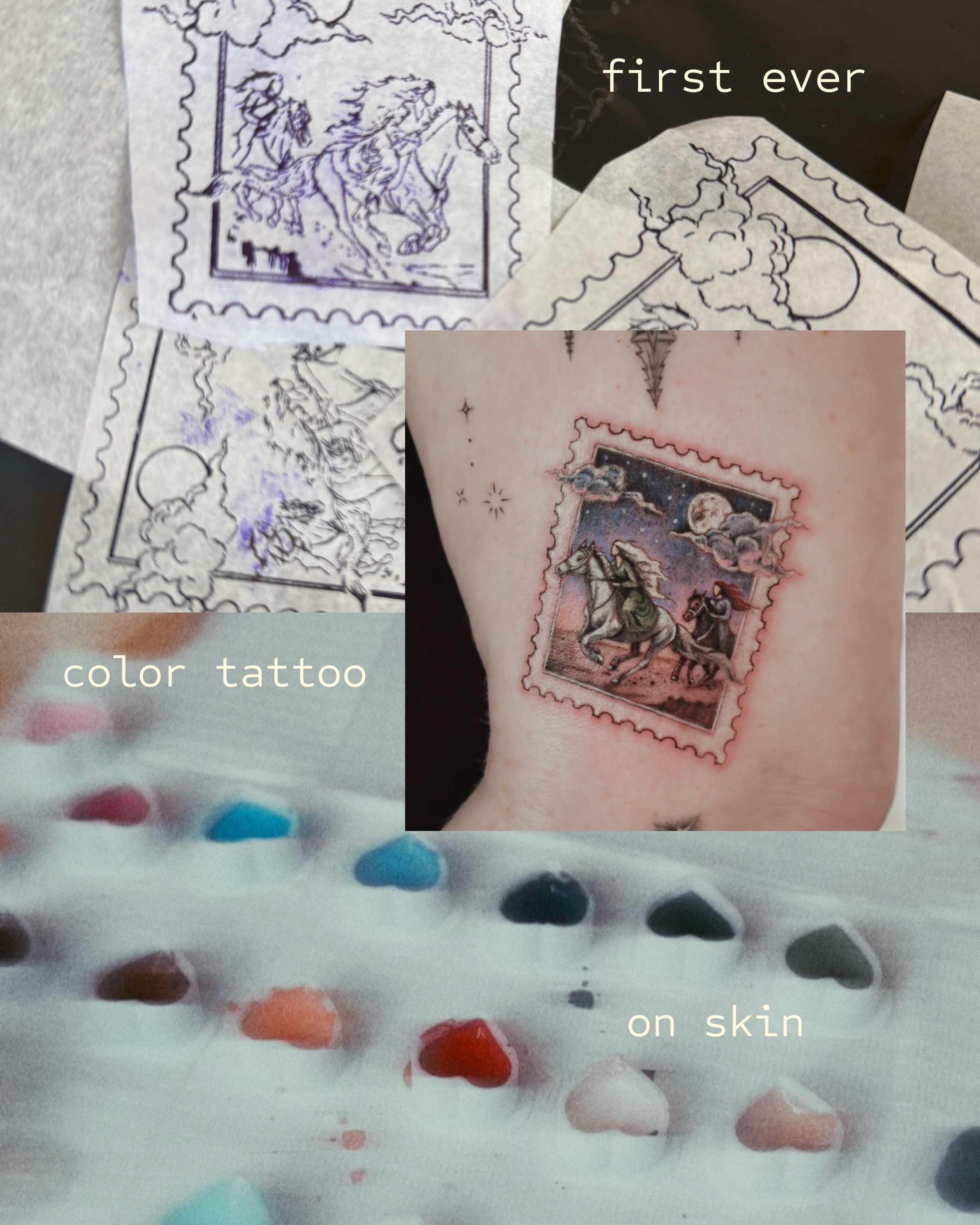 Stamped horse and rider illustrative tattoo on the forearm by 𝐇𝐚𝐫𝐩𝐞𝐫