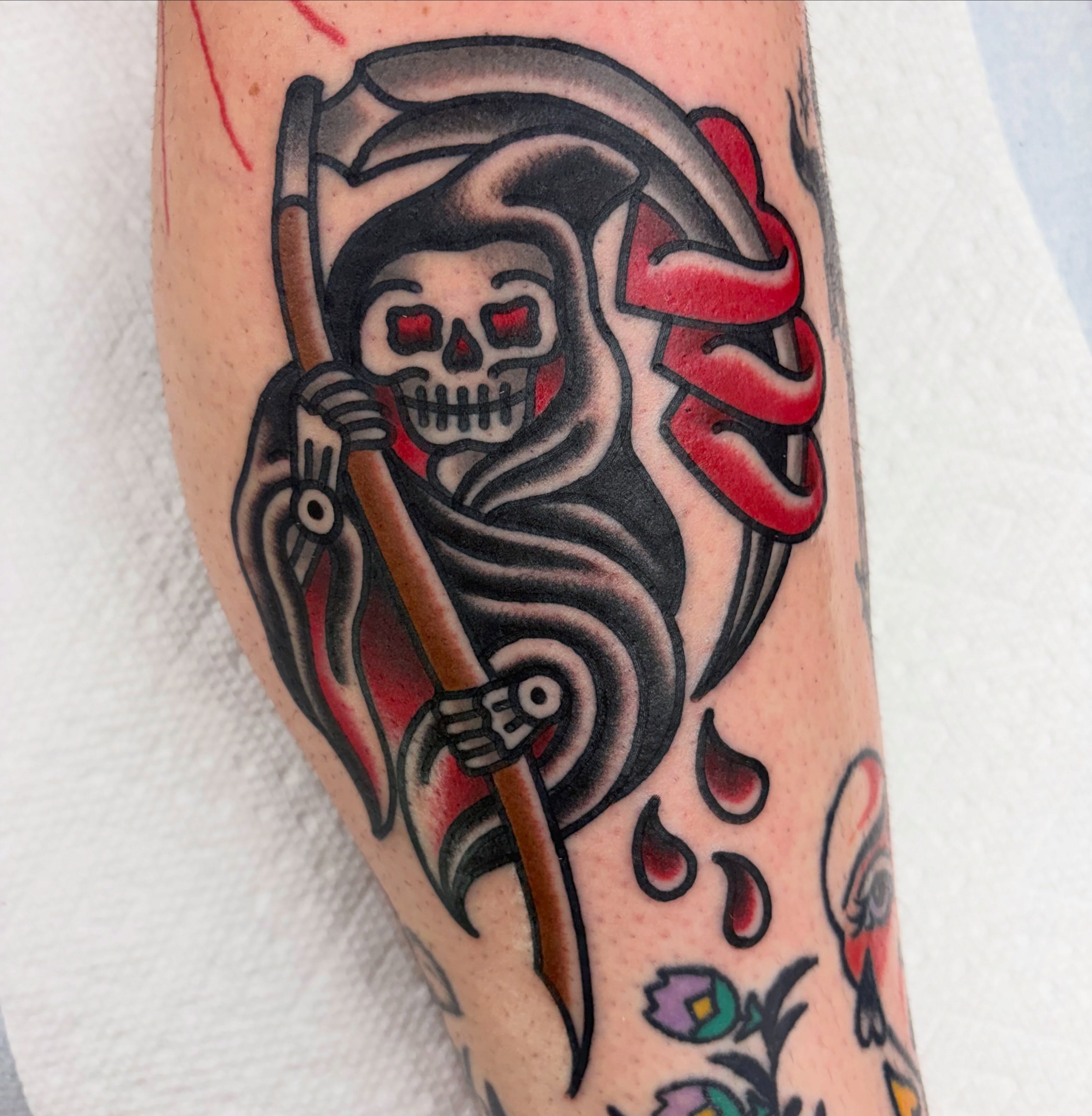 Reaper American traditional tattoo on the forearm by Adrian Godoy