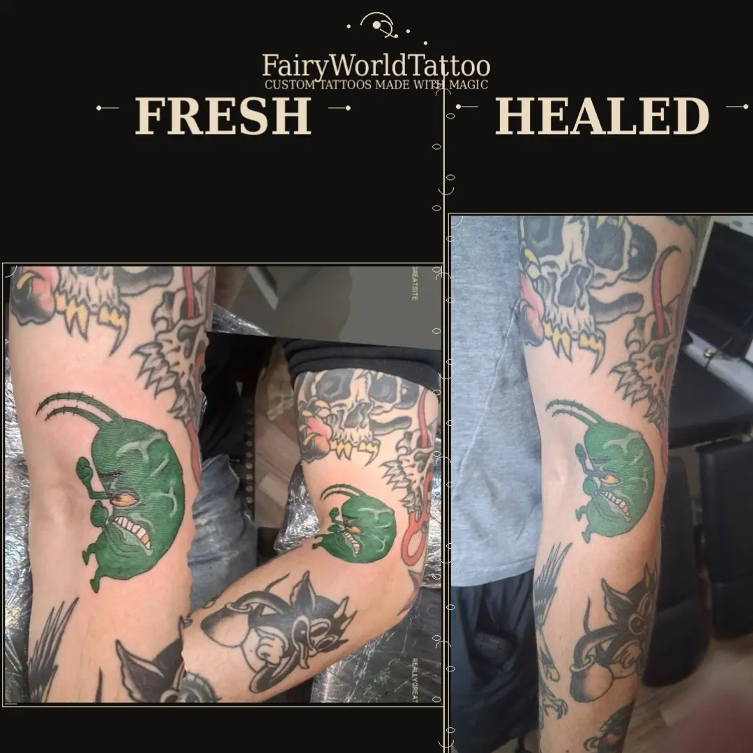 Green skull and horned creature American traditional tattoo on the forearm by Tanya Tattoota