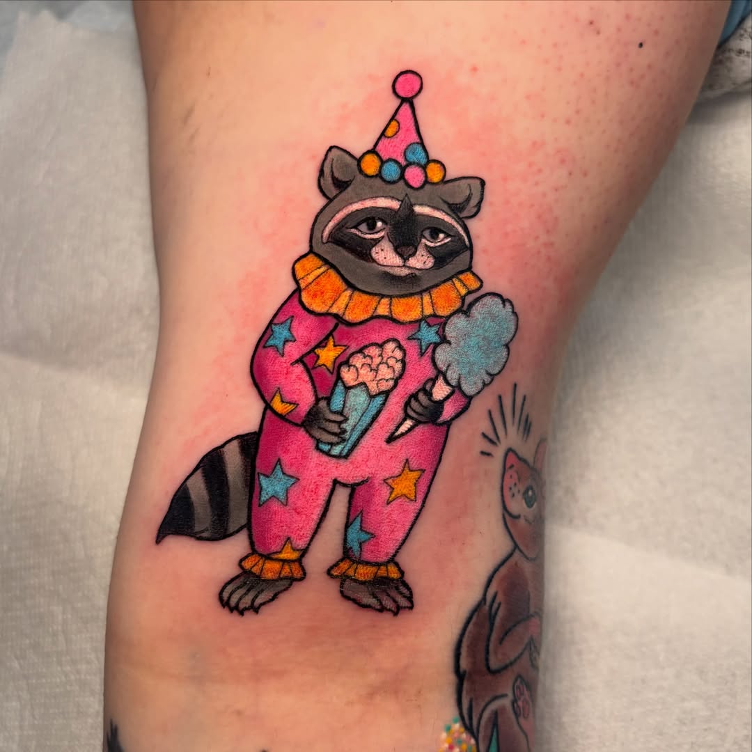 Raccoon clown new school tattoo on the forearm by ✨REiD✨