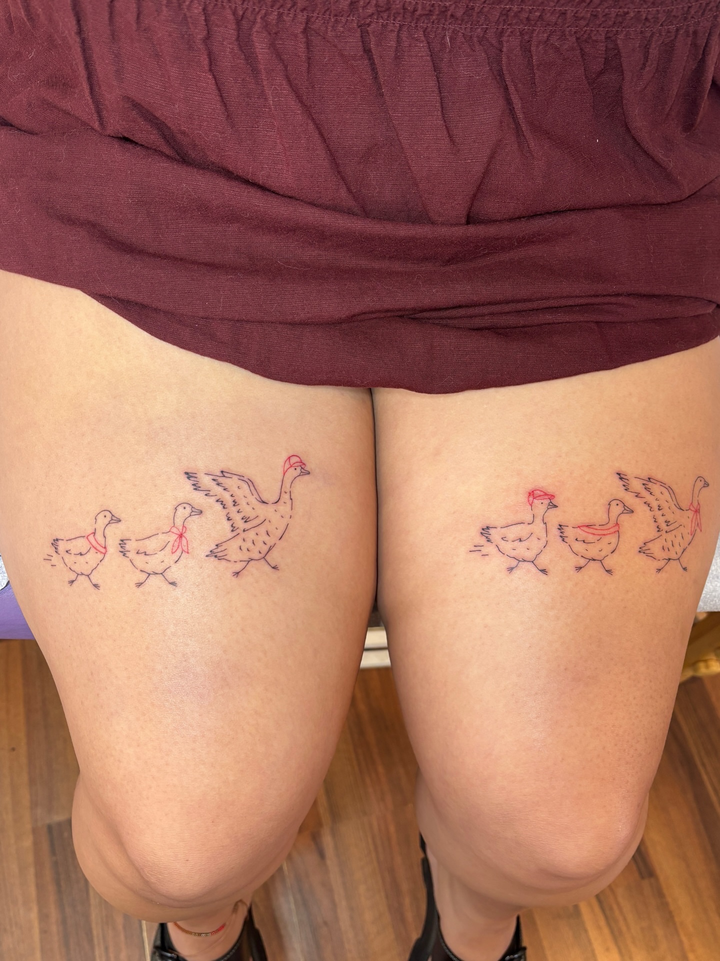 Ducks dotwork tattoo on the thigh by Raye