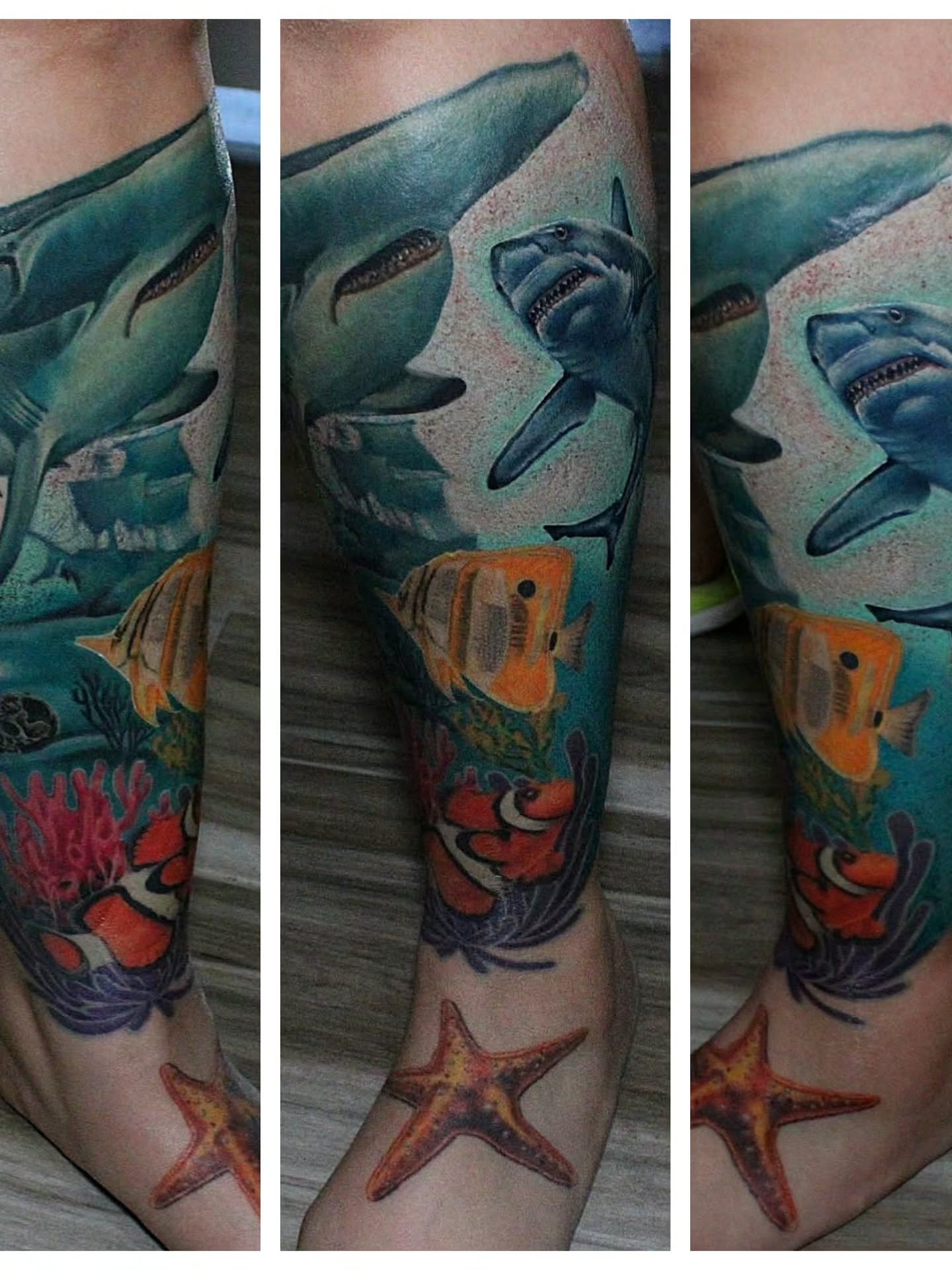 Underwater scene realism tattoo on the leg by Joey Vinci, Phoenix, Arizona