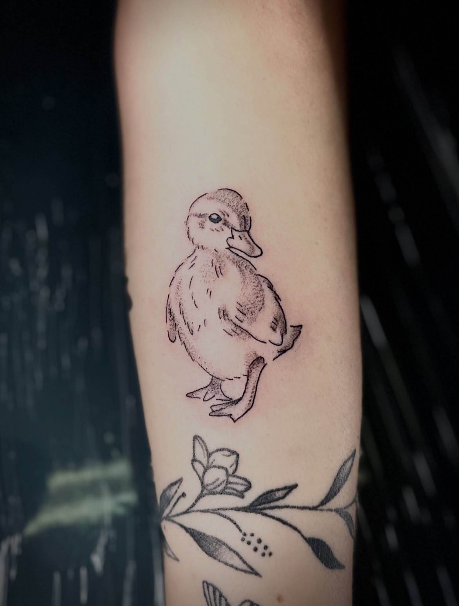Duckling dotwork tattoo on the forearm by NuNu
