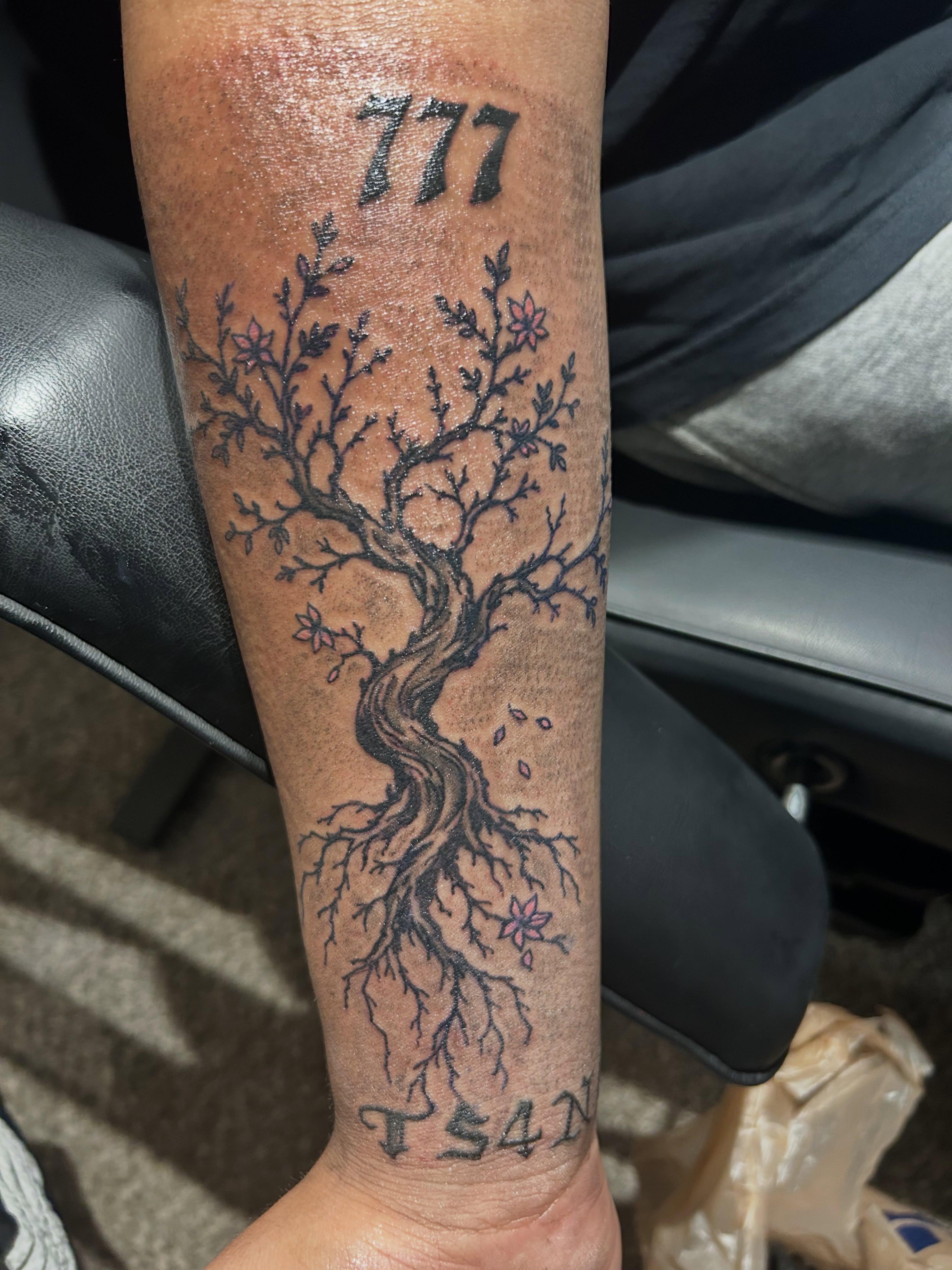 Tree with roots black and grey tattoo on the forearm by @tatzbythadon