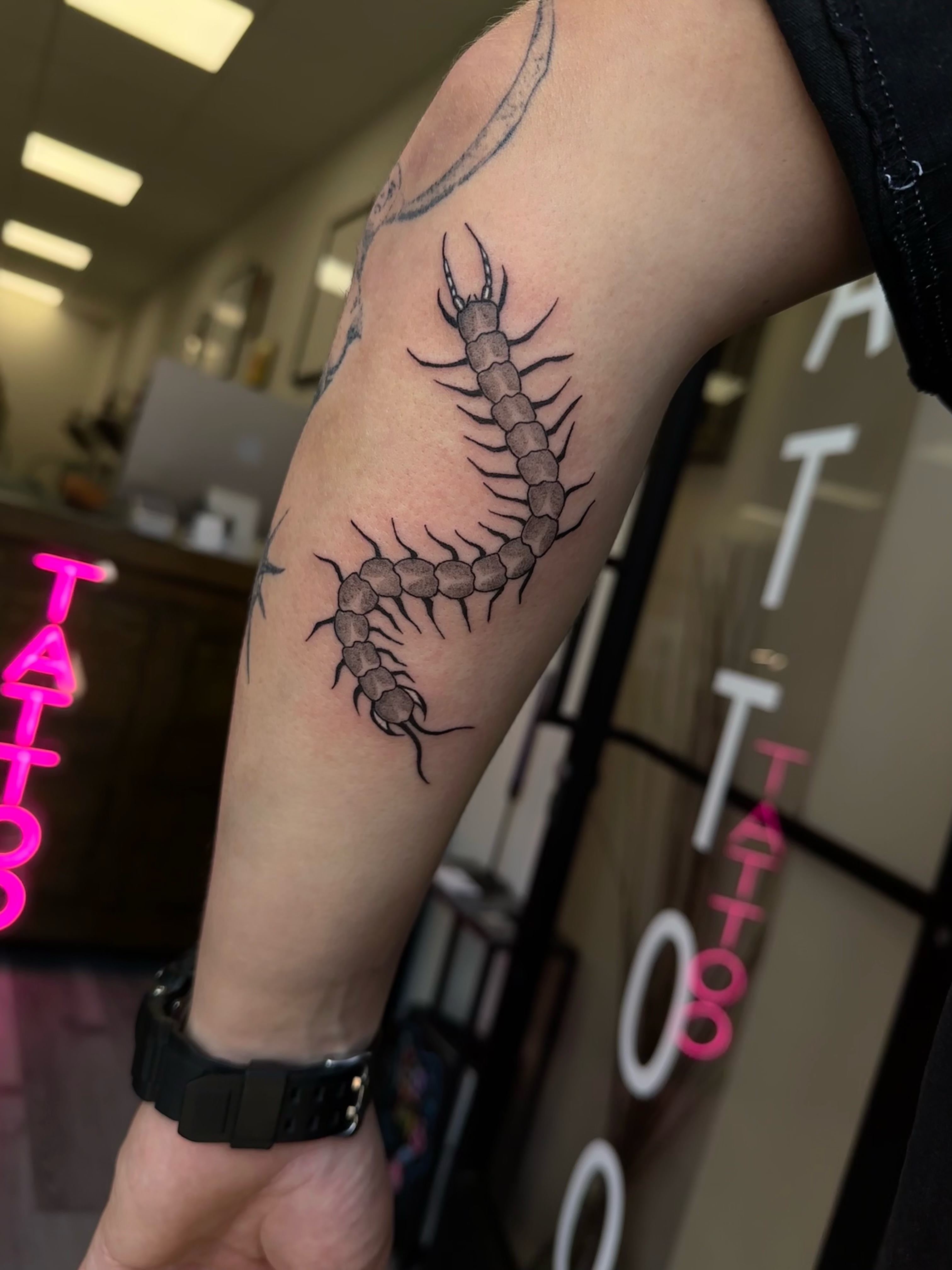 Centipede realism tattoo on the forearm by Cherry Tats🍒