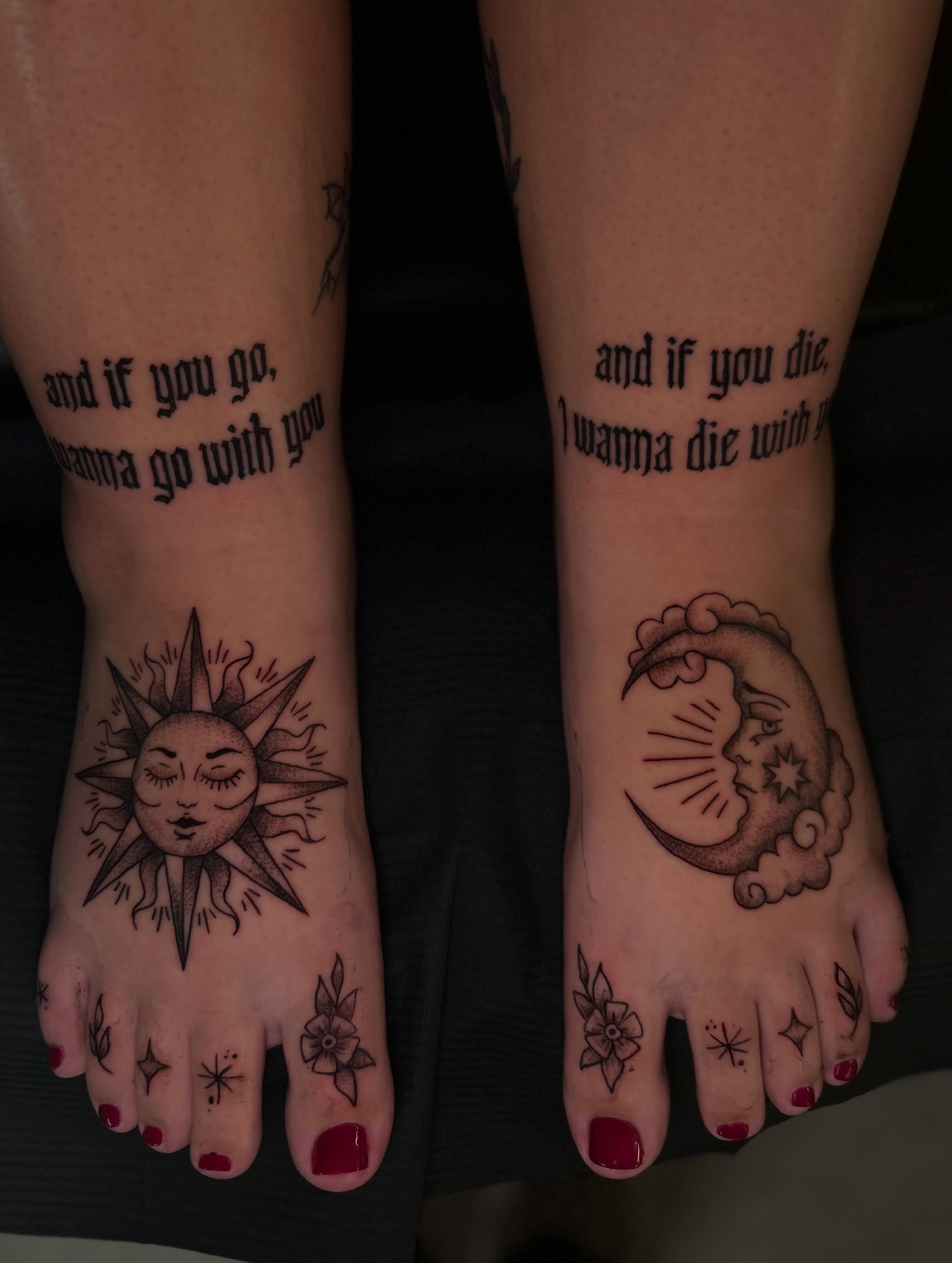 Sun and moon black and grey tattoo on the foot by Torrey, Austin, Texas