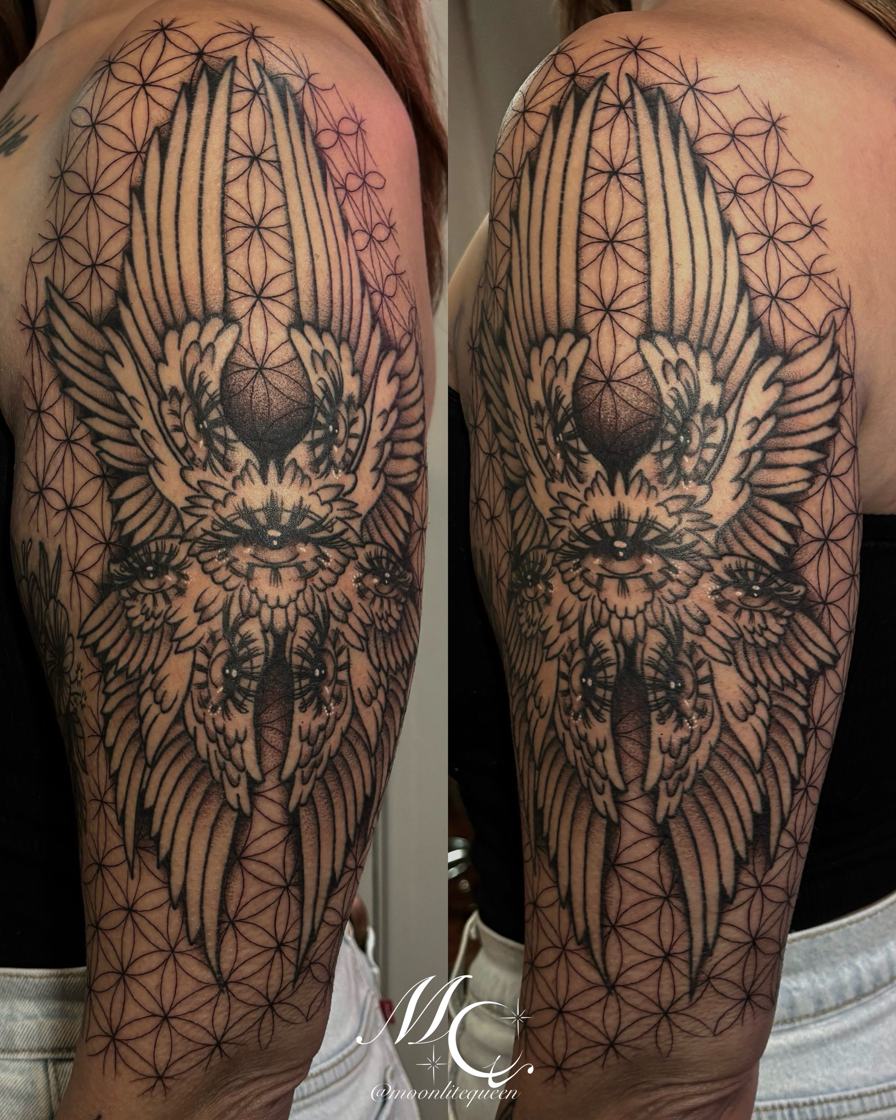Tattoo by @moonlitequeentattooist — black_and_grey, geometric