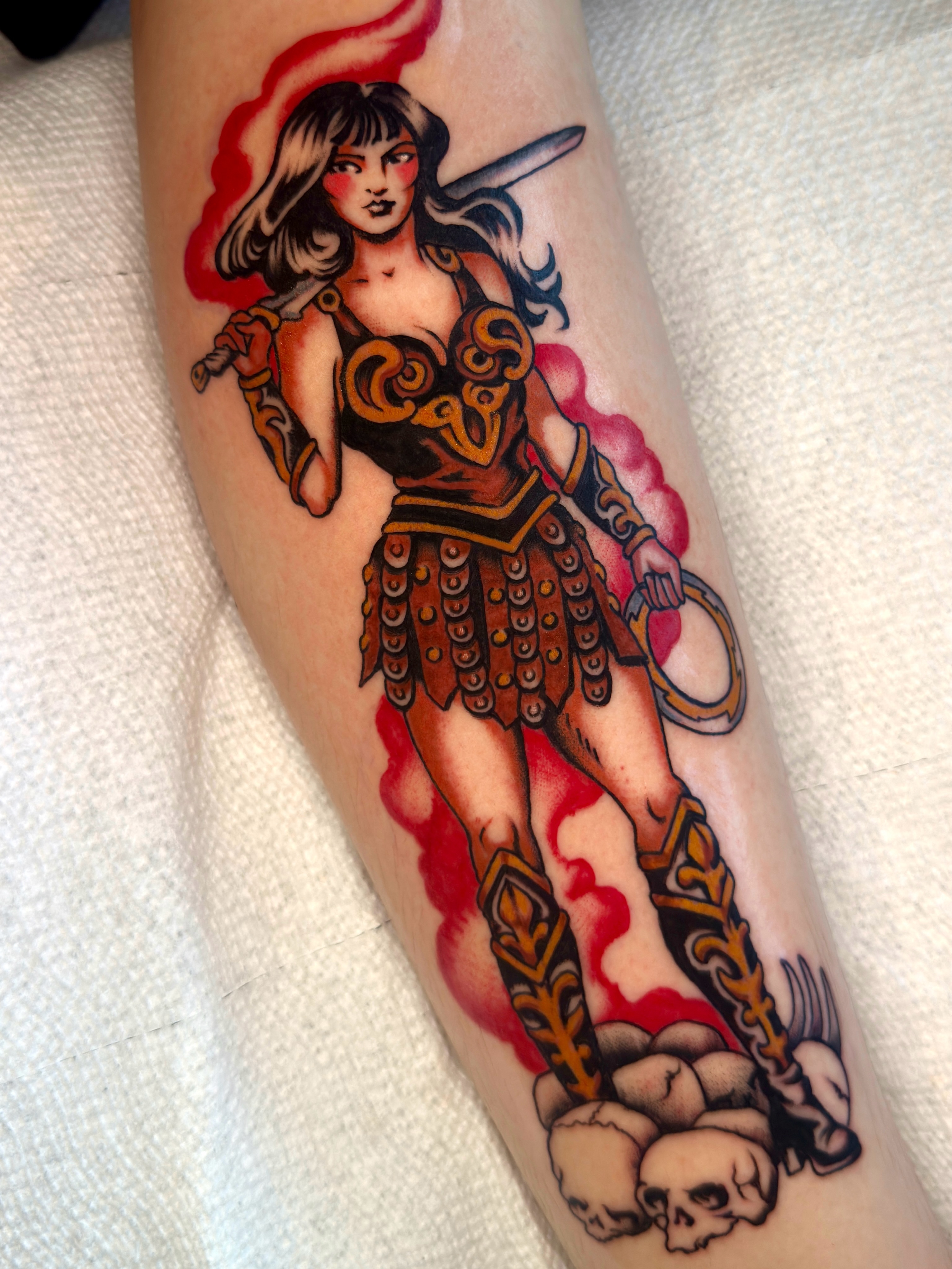 Female warrior American traditional tattoo on the forearm by Haley Tucker, Sebastopol, California
